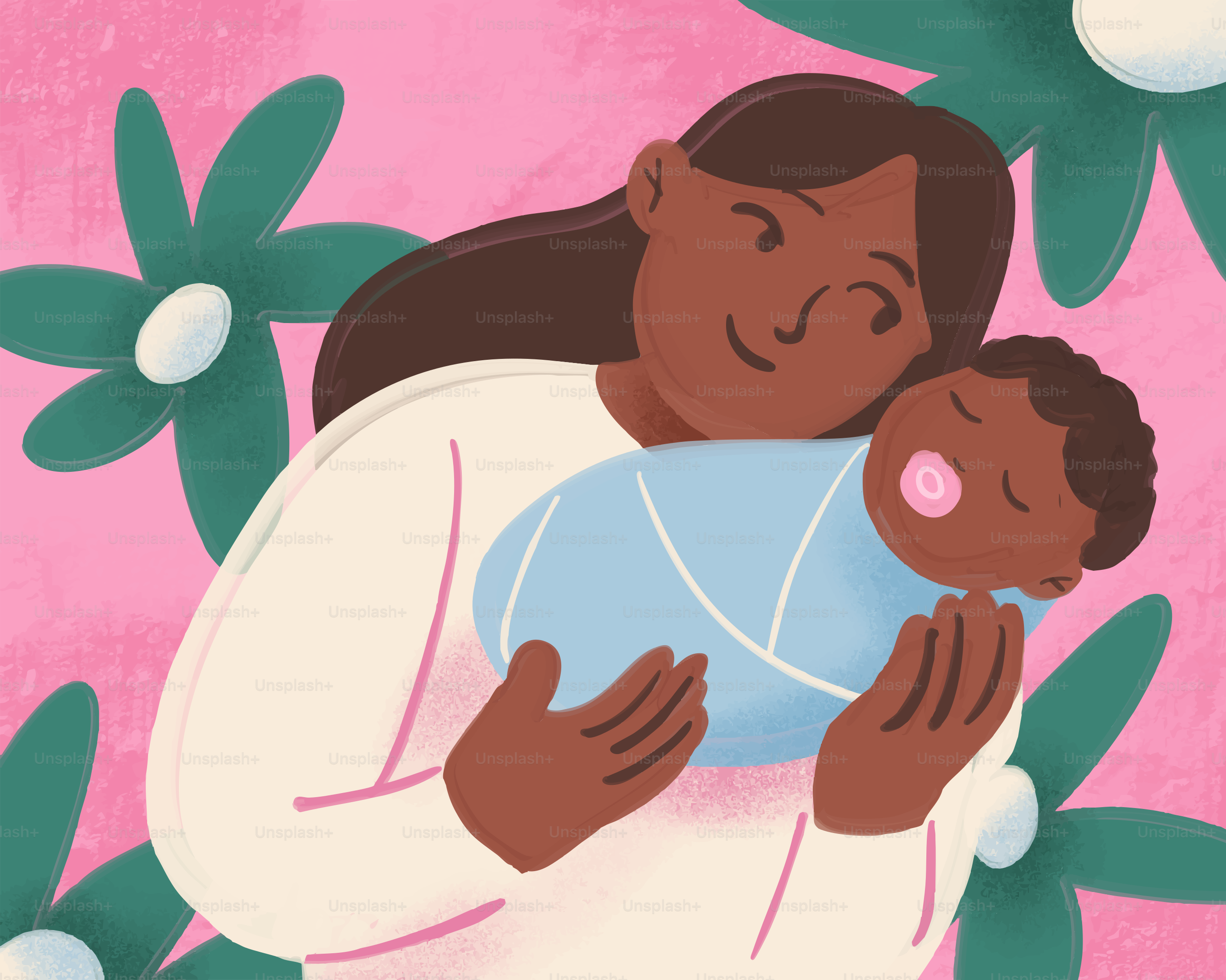 Mother holding her sleeping baby wrapped in blue.