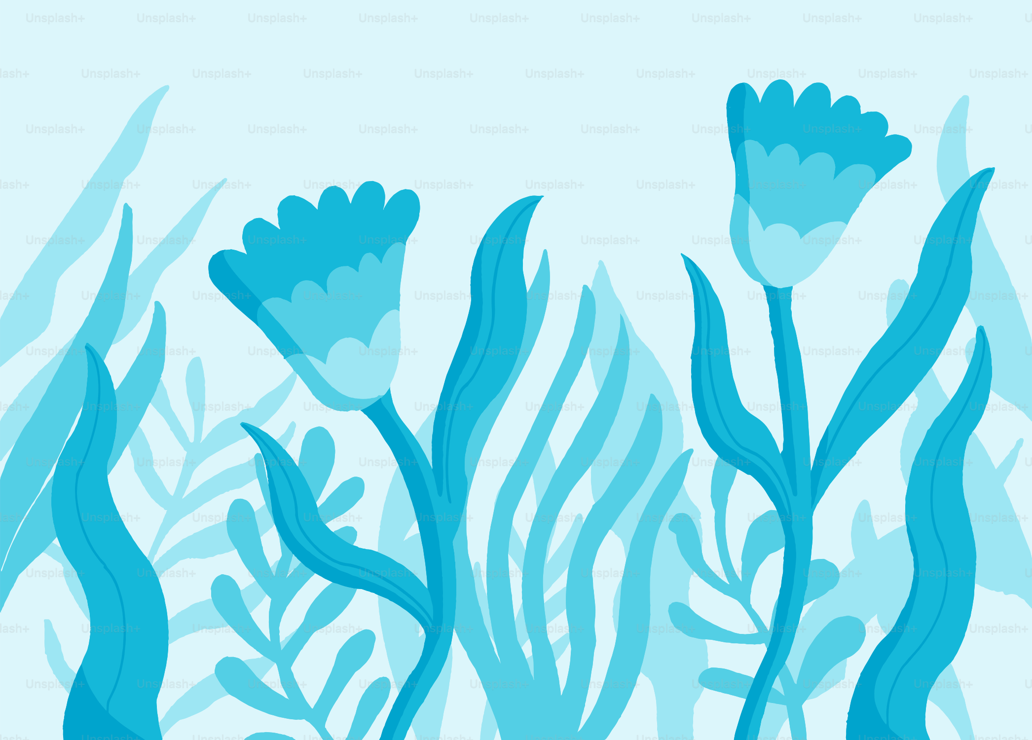 Stylized blue flowers and foliage on a light blue background.