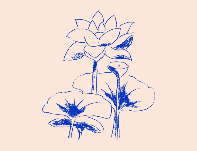 Blue lotus flowers and leaves on a cream background