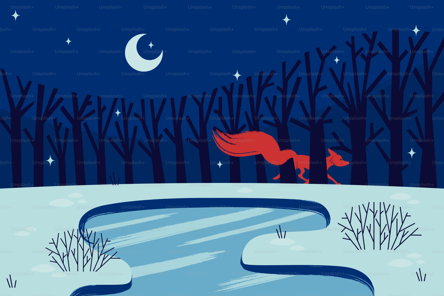 夜、キツネが雪に覆われた森を駆け抜ける。