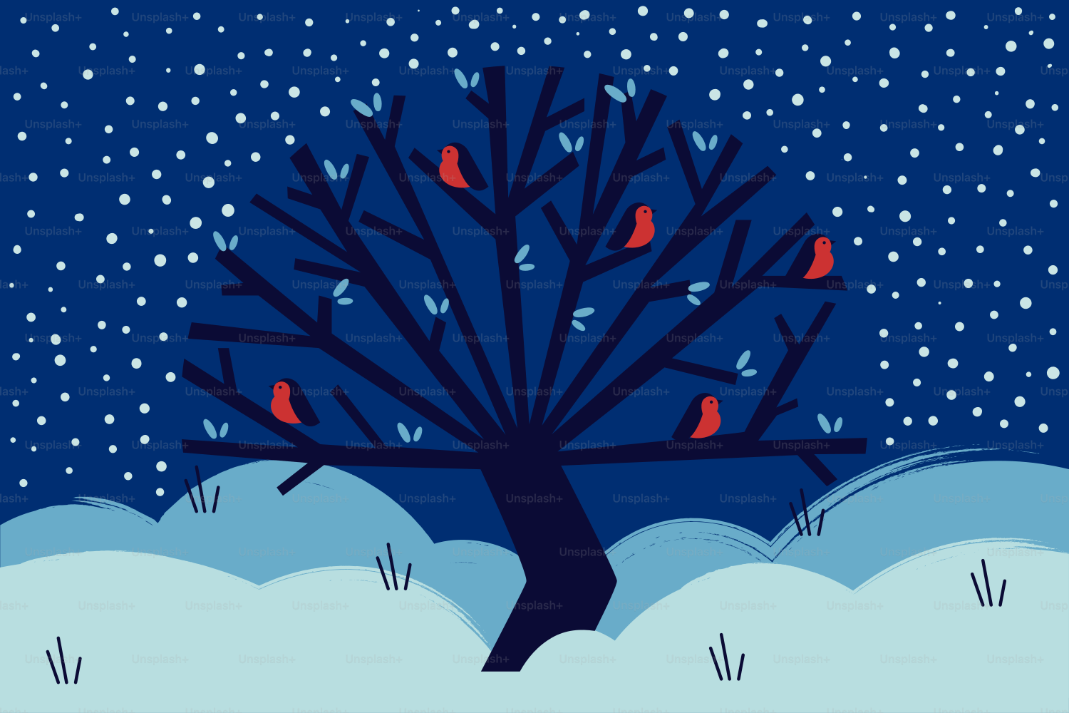 A dark blue tree with red birds and falling snow.