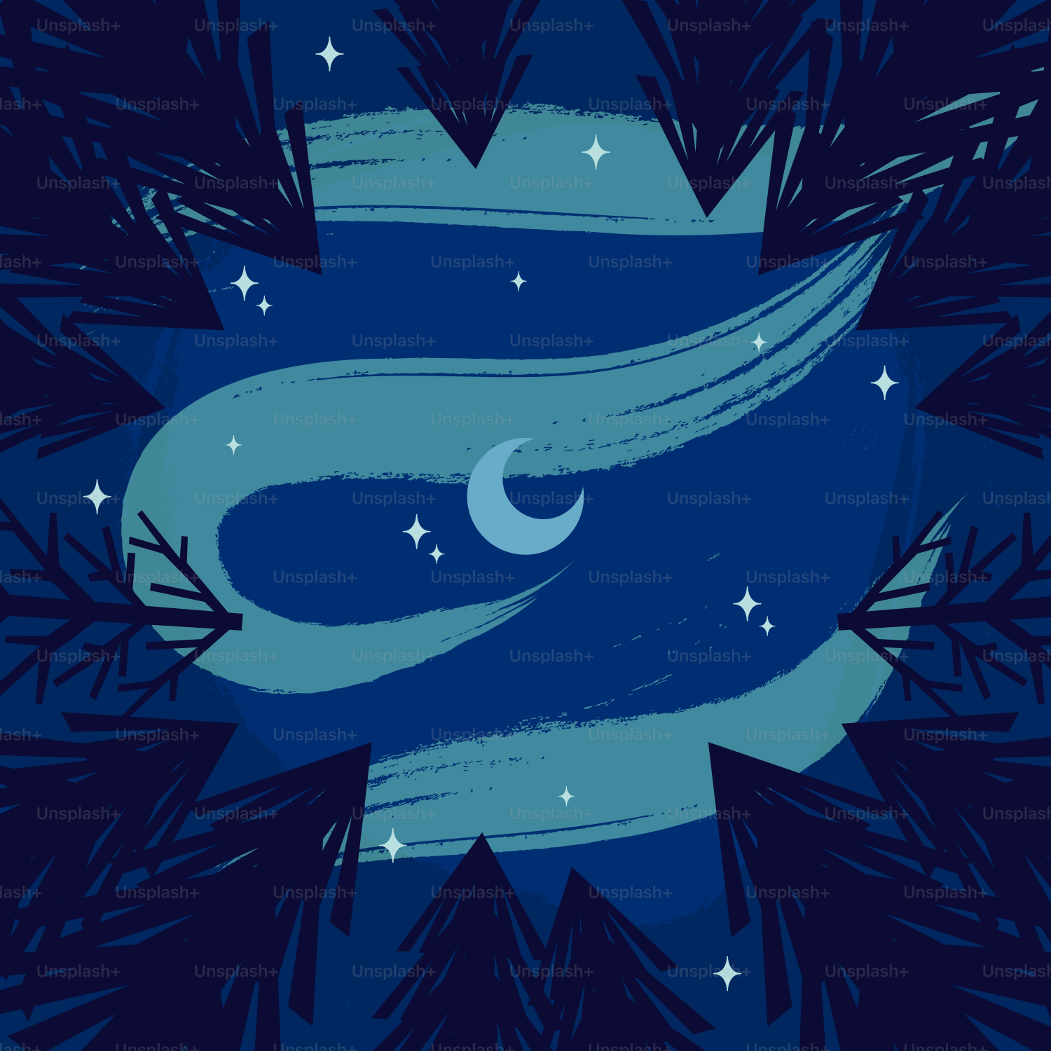 Night sky with crescent moon and aurora borealis