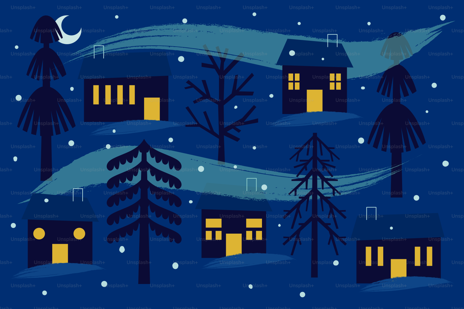 Cozy houses in a snowy village at night