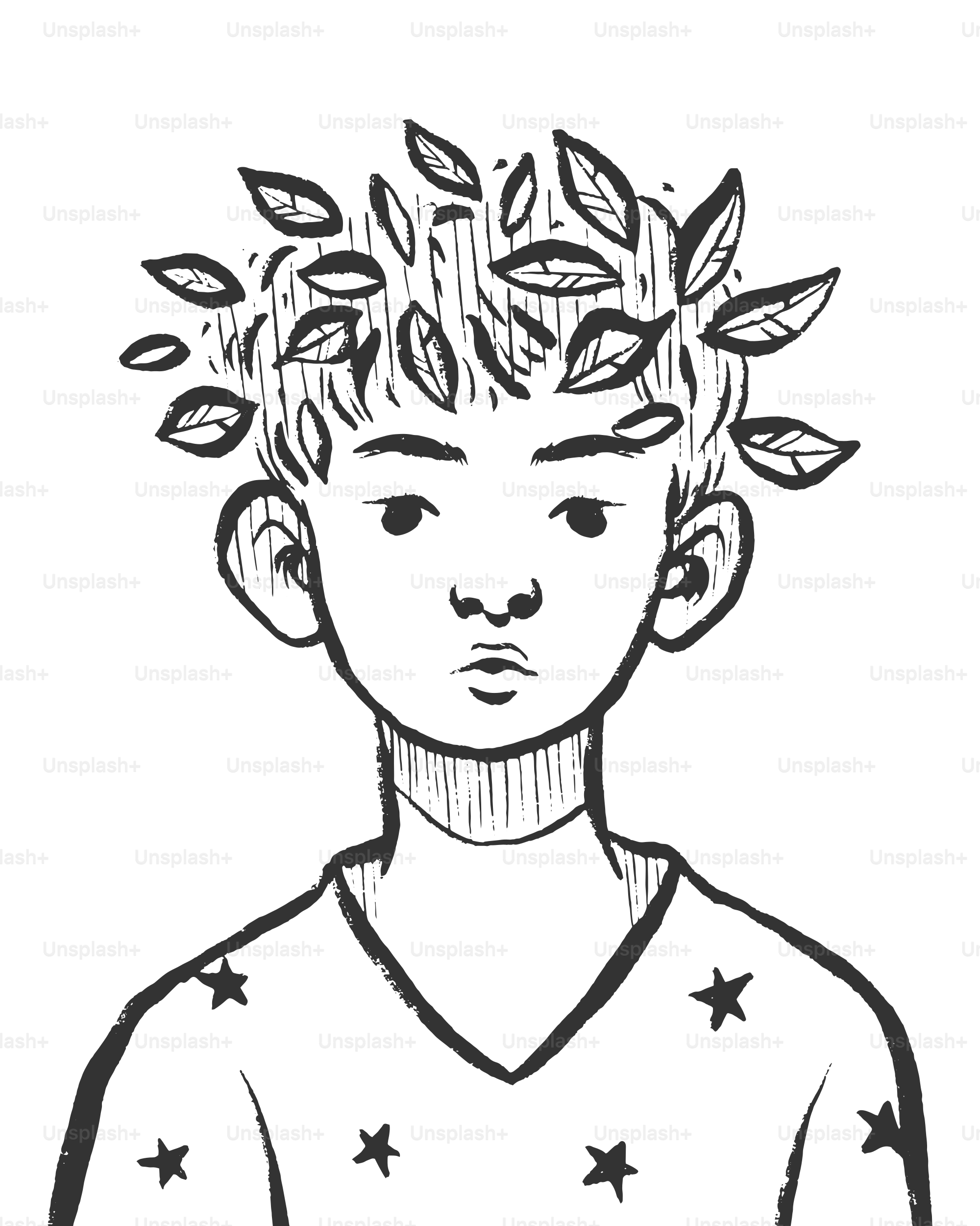 A young person with leaves in their hair.