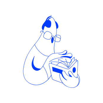 Eine blaue Zeichentrickfigur mit Brille und liest ein Buch