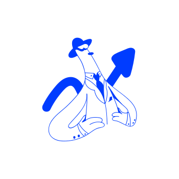 Ein Cartoon-Mann im Anzug mit einem blauen Pfeil.