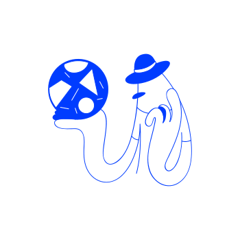 A blue character wearing a hat holds a blue ball.