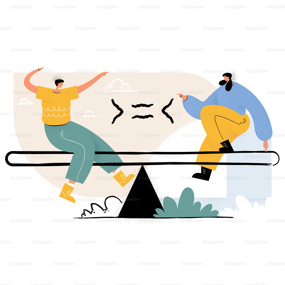 Two men on a seesaw with a balance symbol