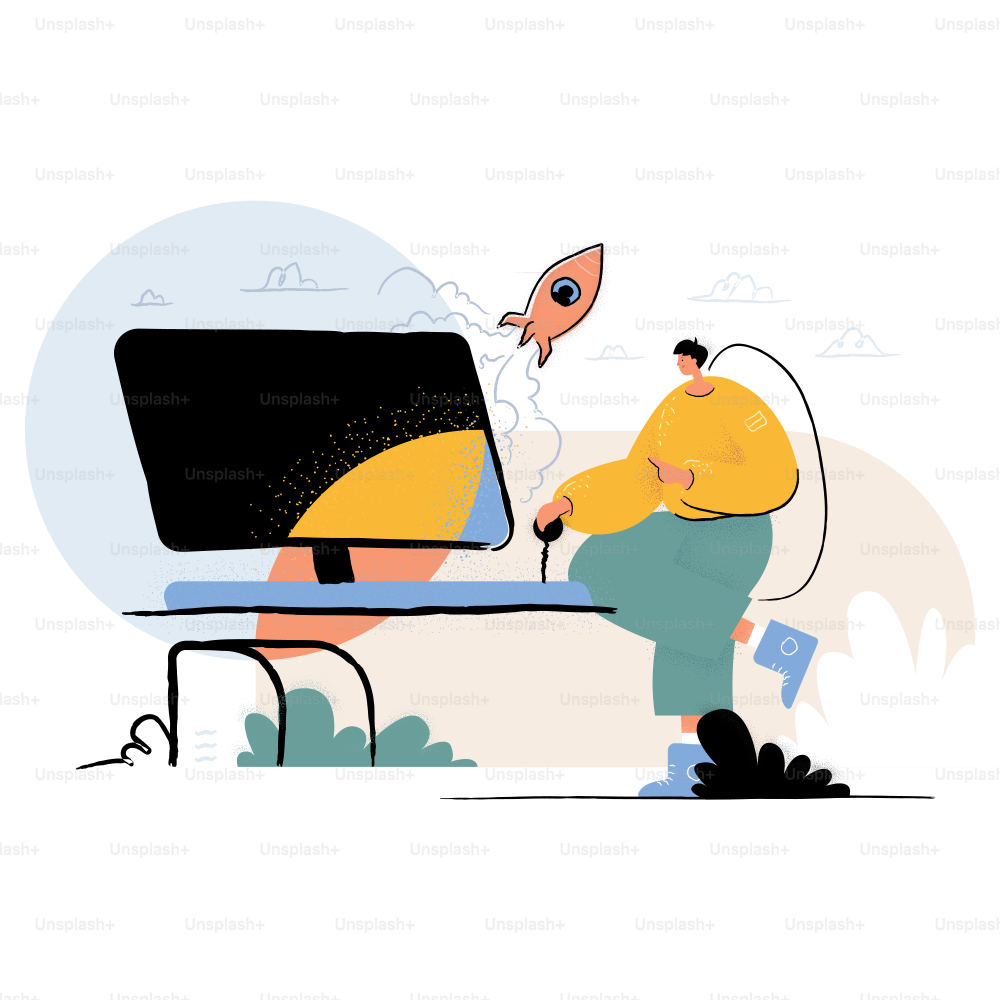 Man playing video game with rocket launching from screen