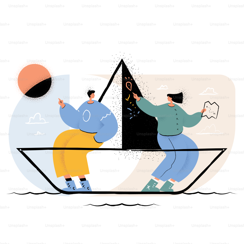 Two people in a boat drawing on a sail