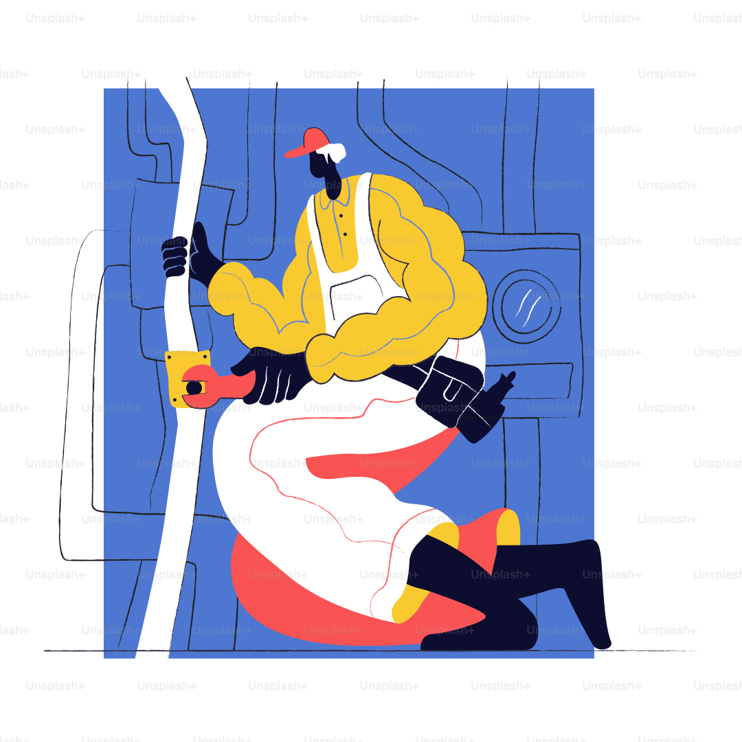 A stylized plumber works on pipes with tools.