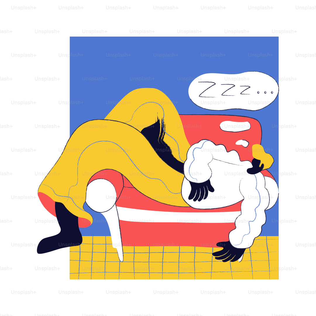 Personne qui dort dans un fauteuil rouge avec une bulle de zzz.