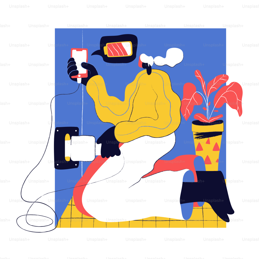 Person charging phone with low battery indicator.