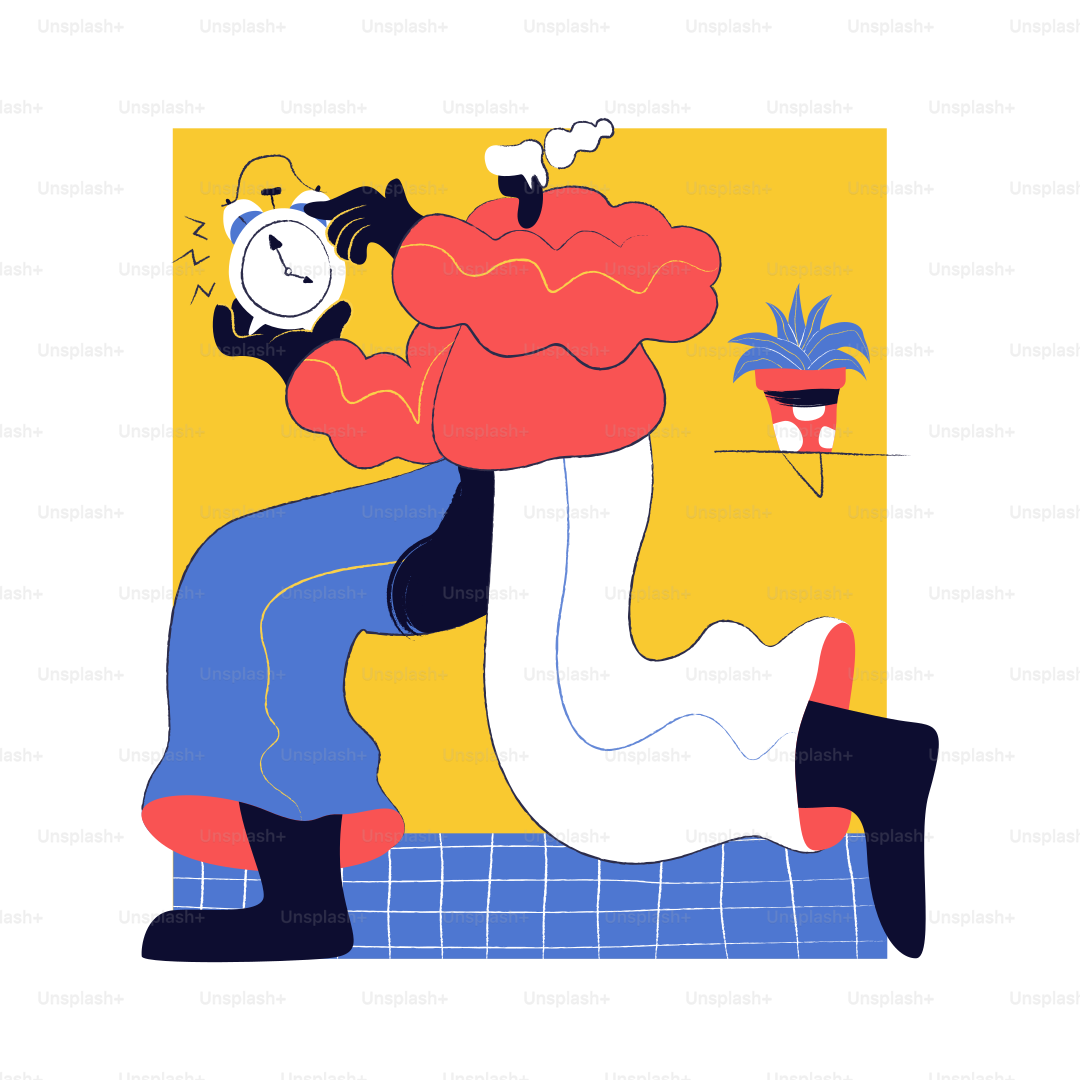 Person holding alarm clock, running with plants