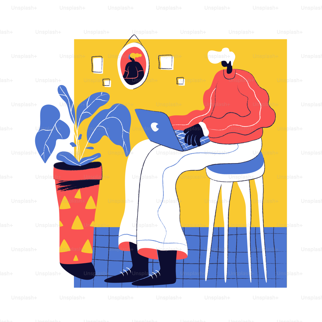 Person working on a laptop in a colorful room.