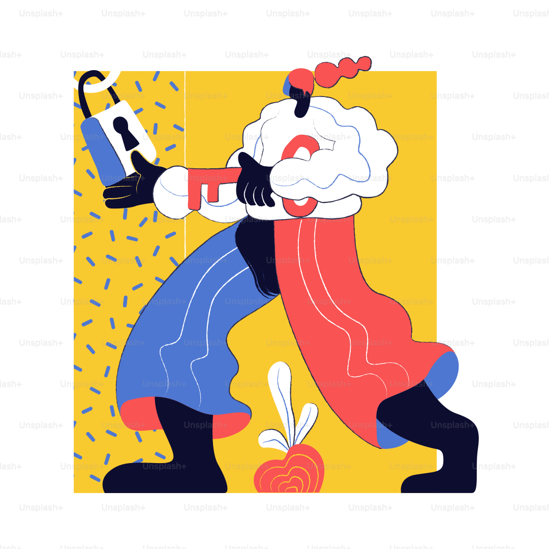 Two abstract figures holding a lock and key