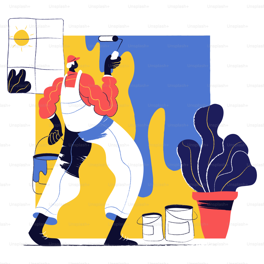 A painter in overalls painting a blue wall.