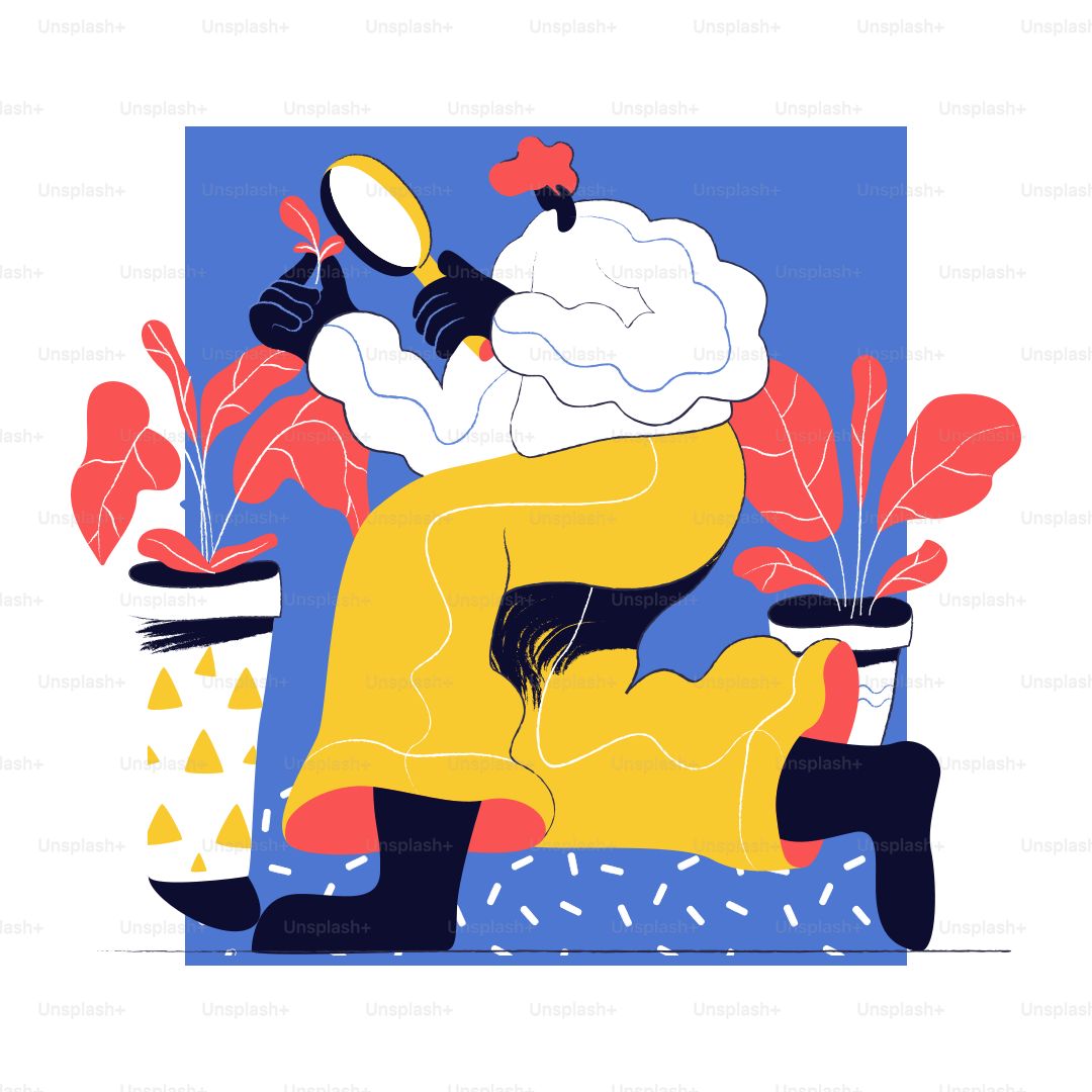 Uma pessoa examina uma planta com uma lupa.