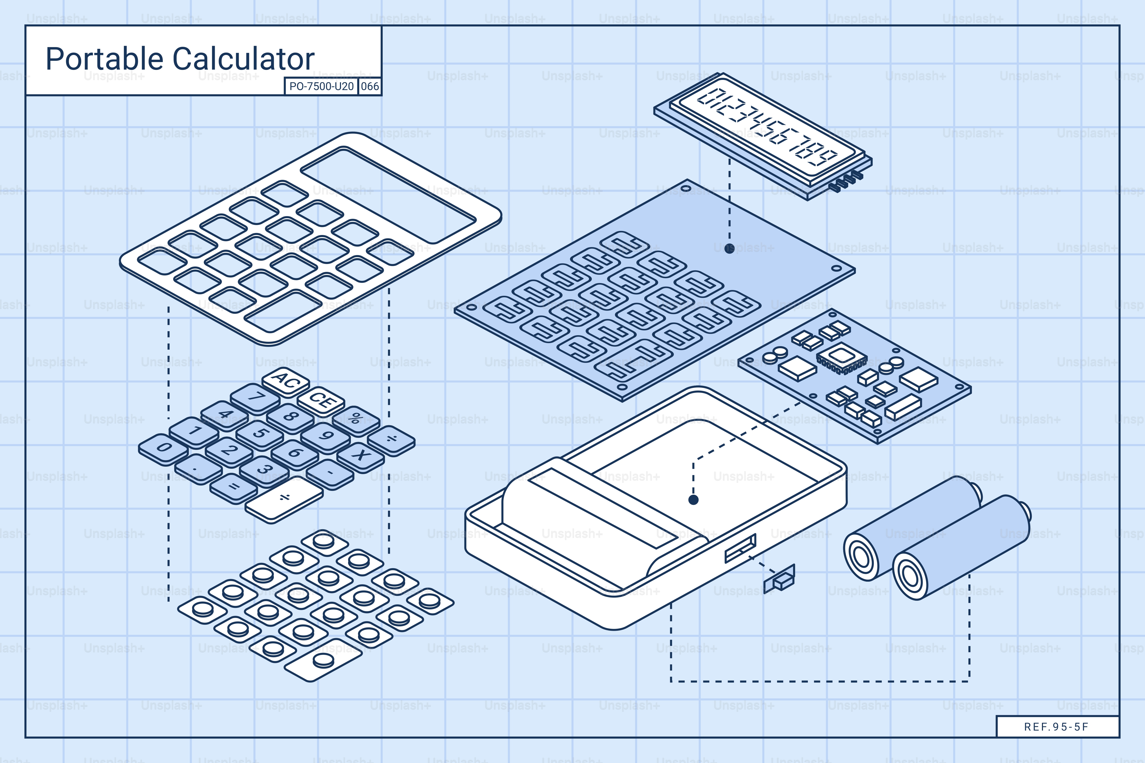 Exploded view of a portable calculator and its components