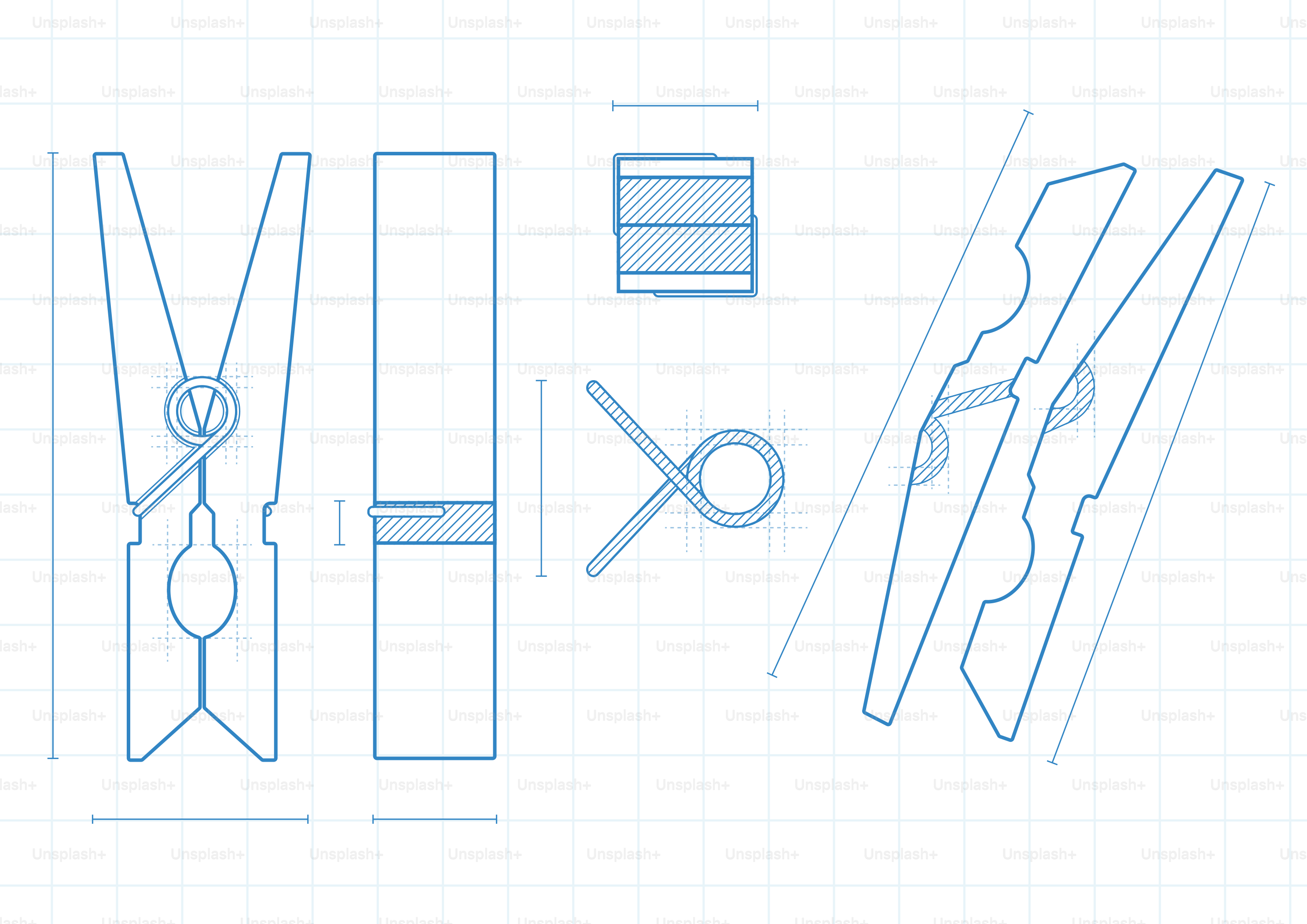 Plan d’une pince à linge en bois et de ses parties