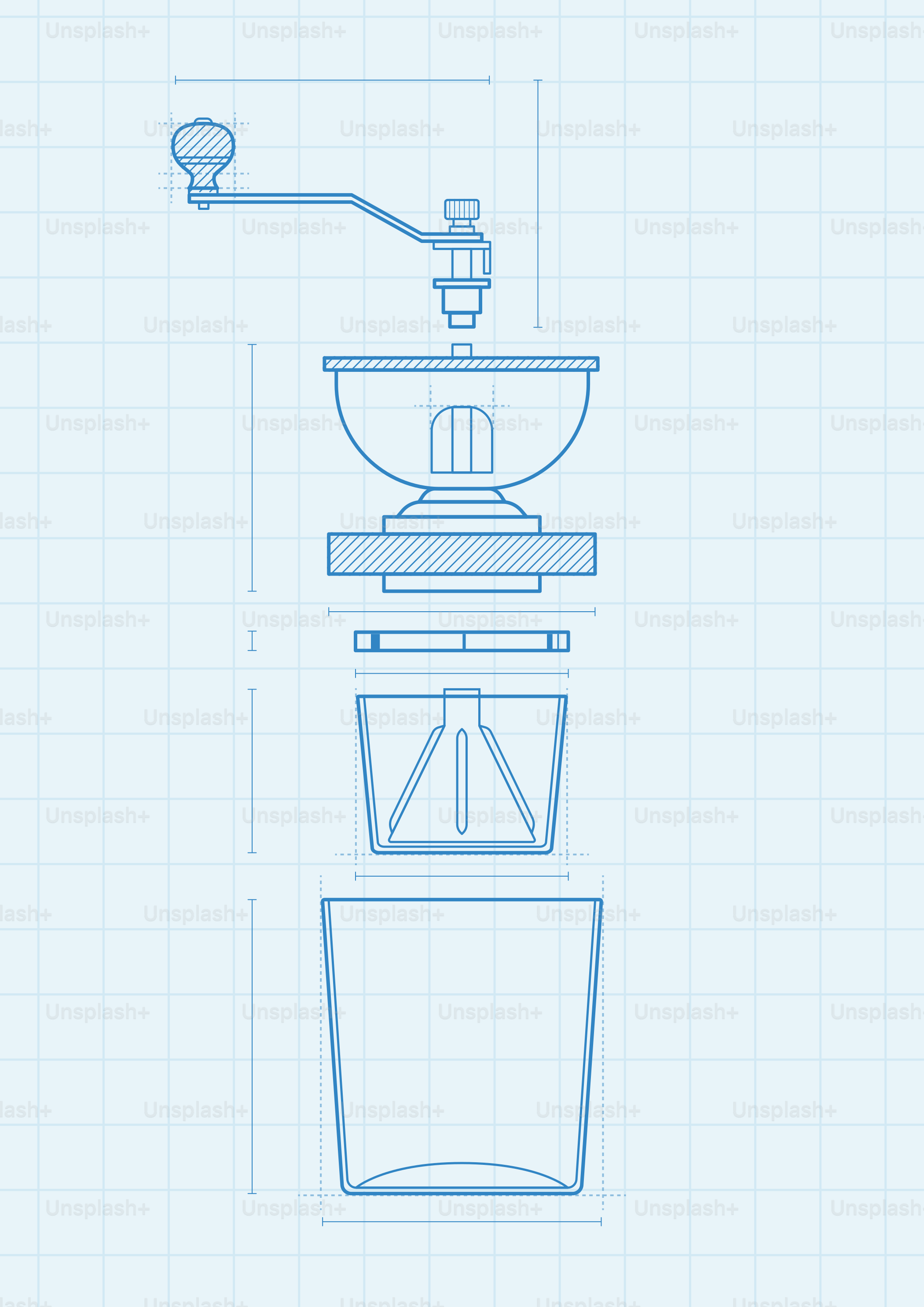 爆発したコーヒーグラインダーの設計図