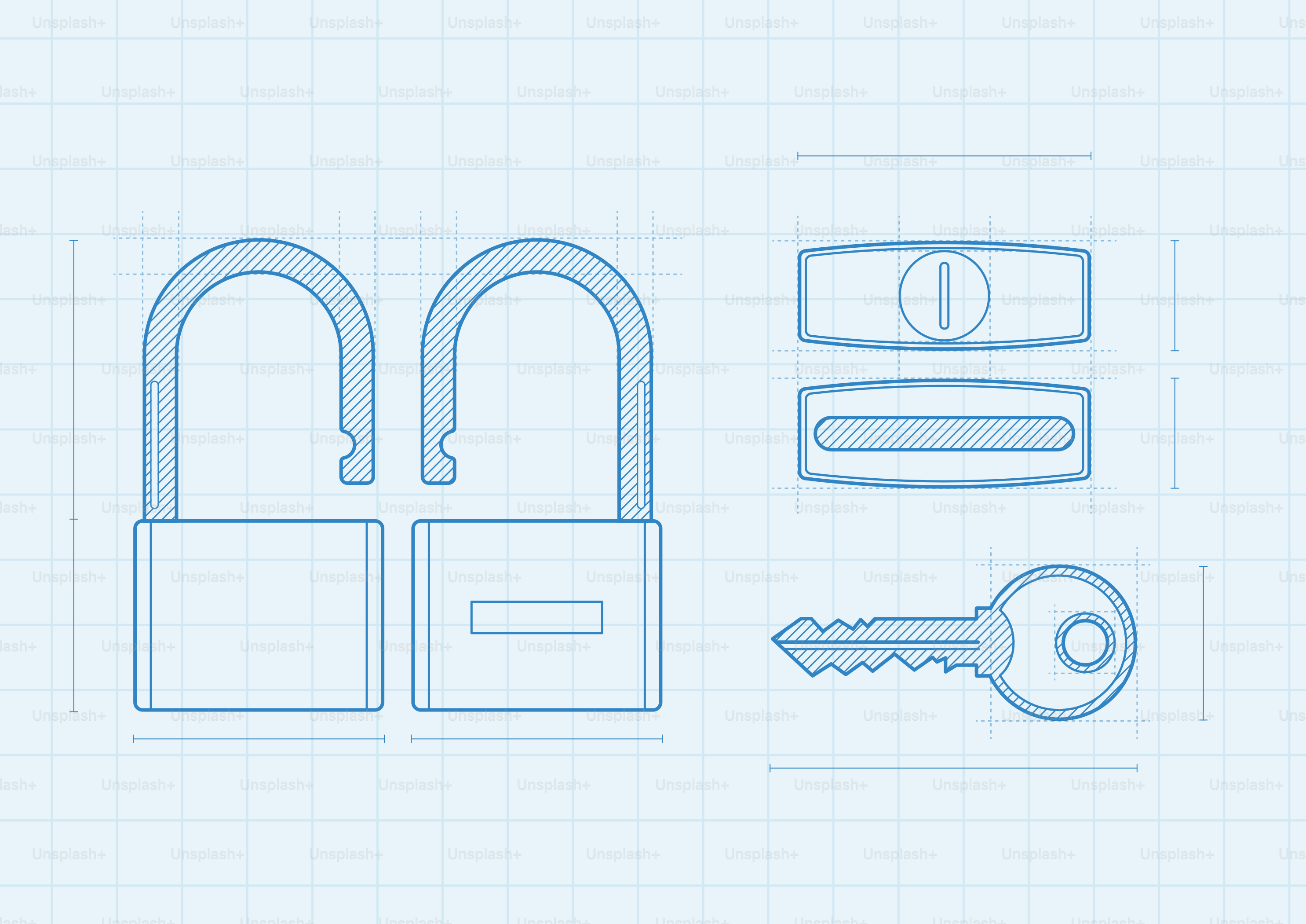 開いた南京錠が2つ、鍵、そして錠前の部品。