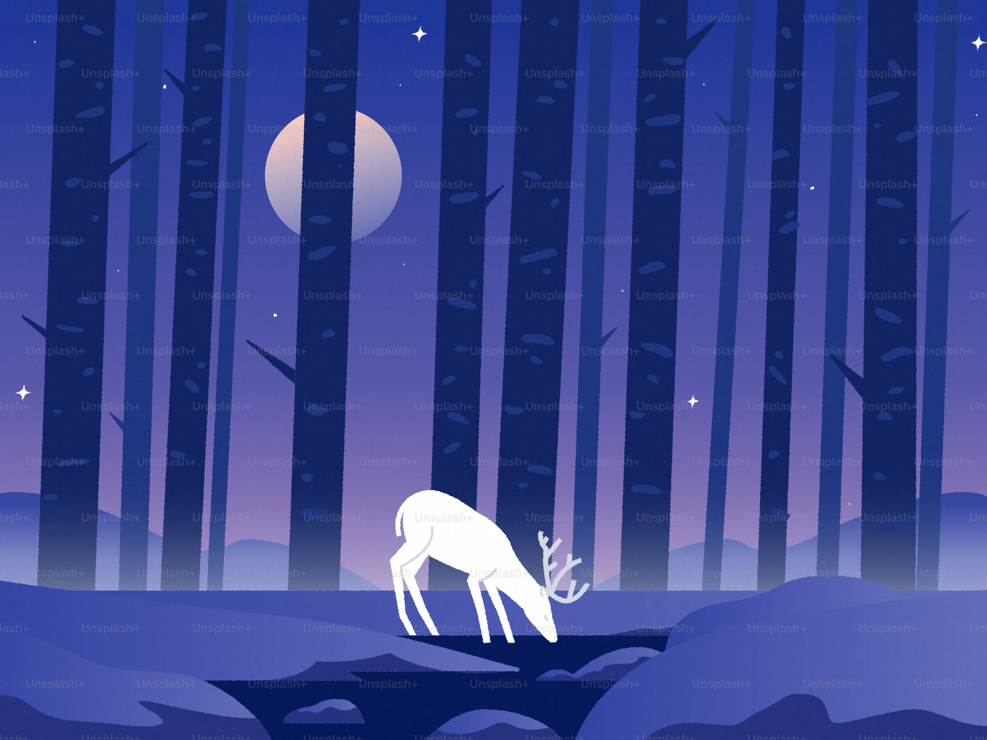 White deer drinks water under a full moon.