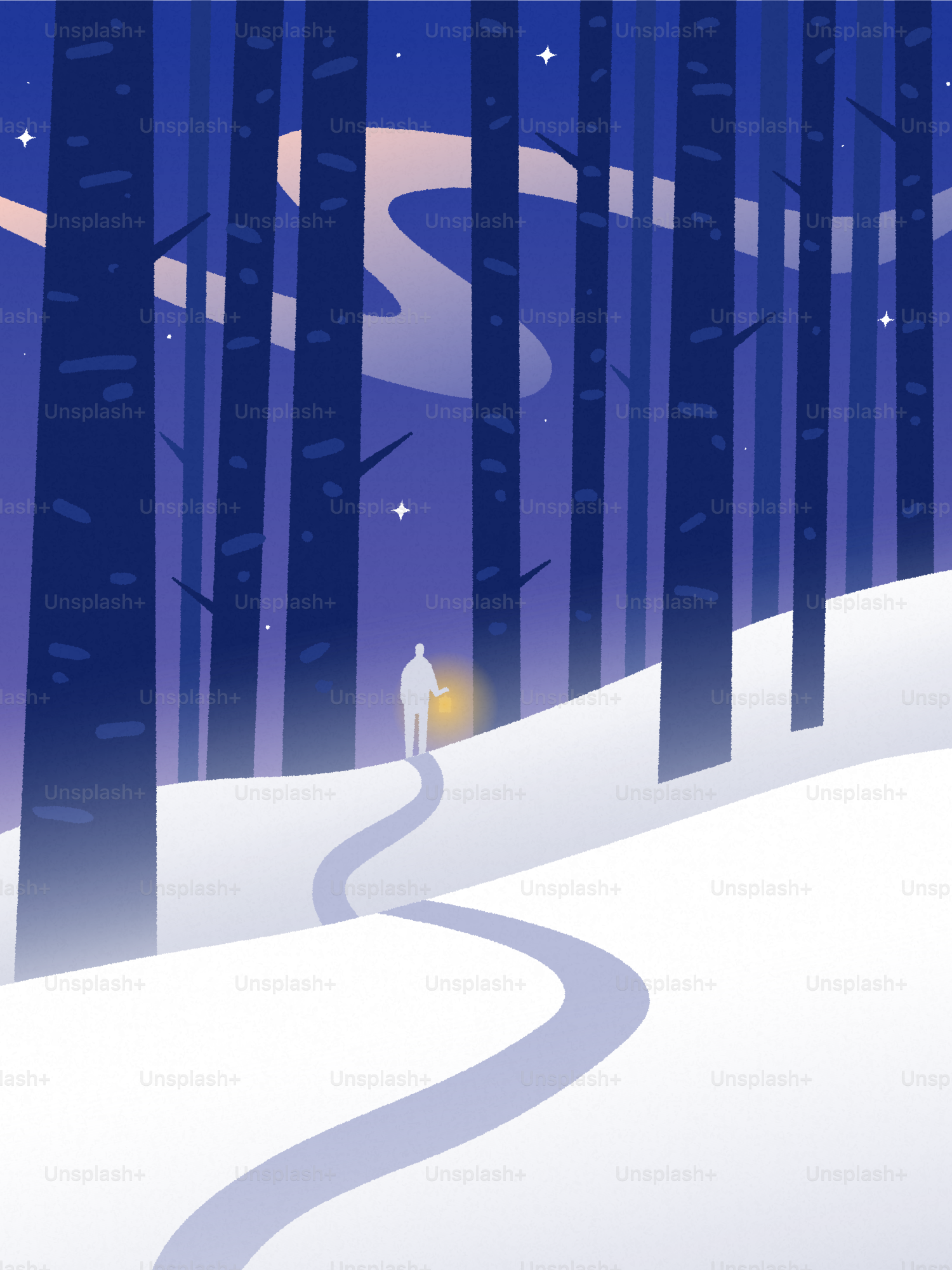 A lone figure walks on a snowy path at night.