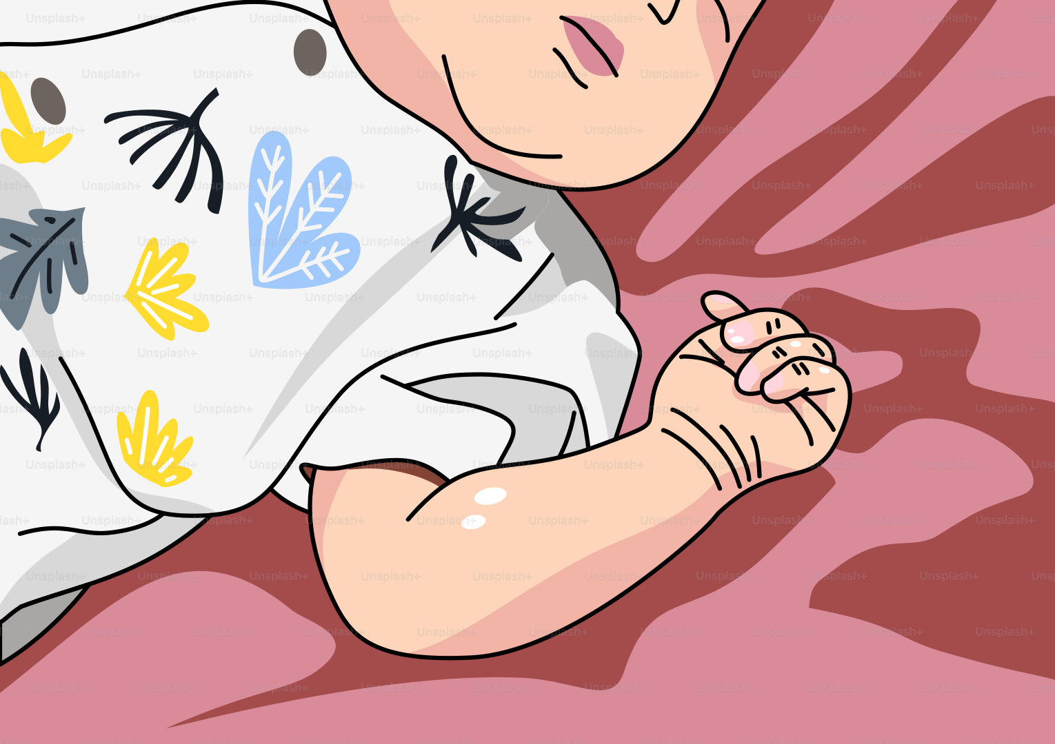 Close-up of a sleeping baby's arm on a pink blanket.