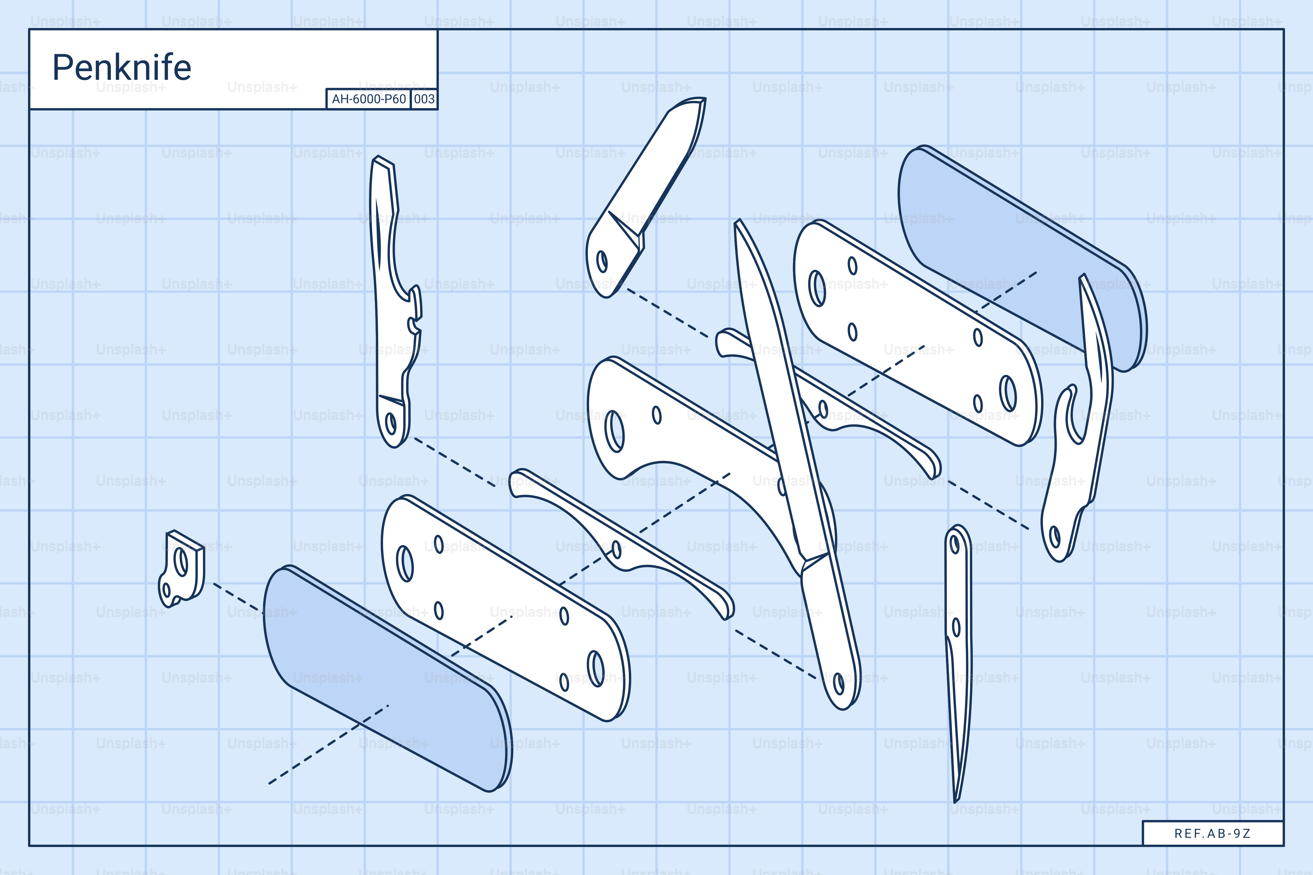 Exploded view of a penknife on a blueprint grid.