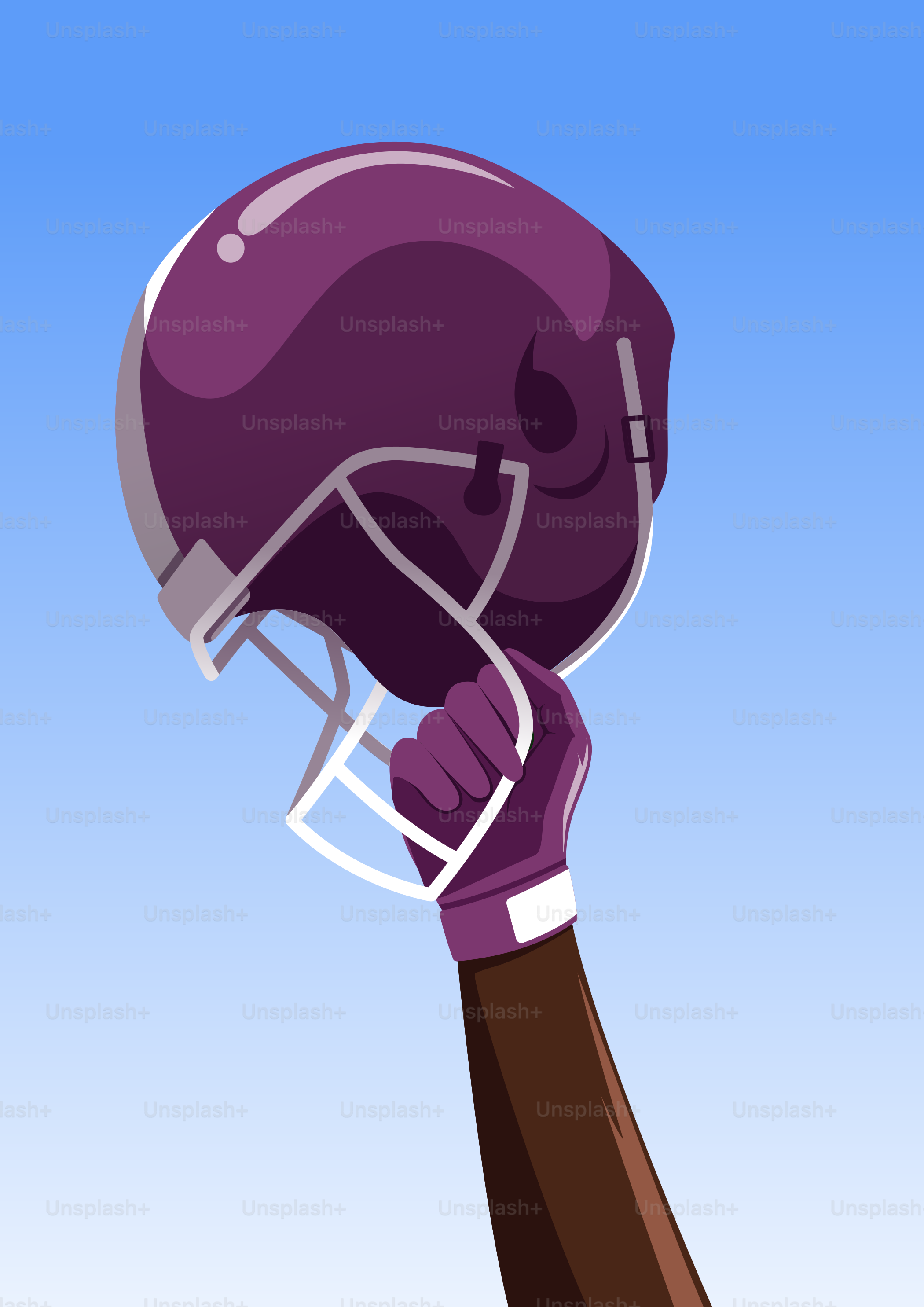 Hand holding a purple football helmet against blue sky
