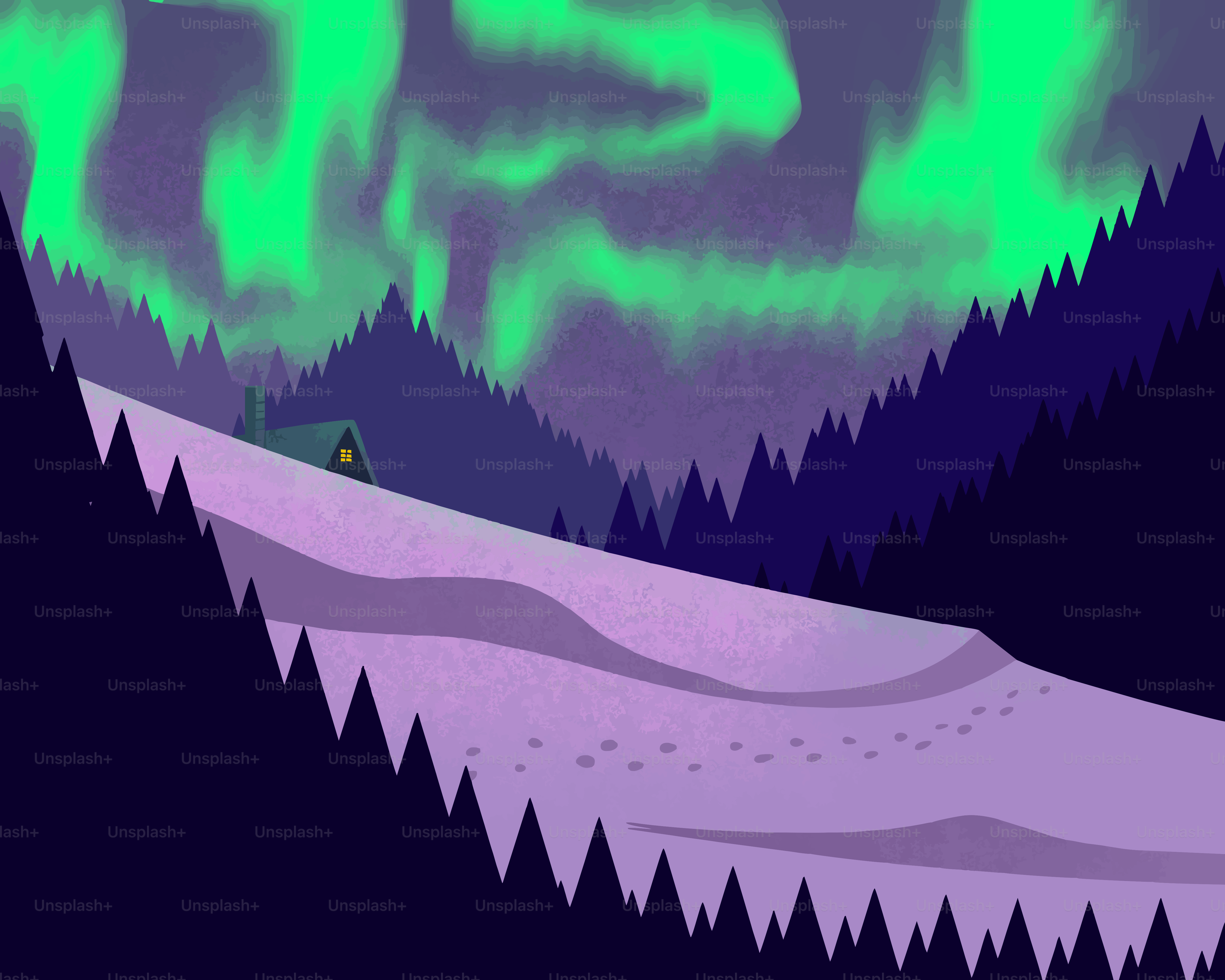 Green aurora borealis over a snowy mountain cabin.
