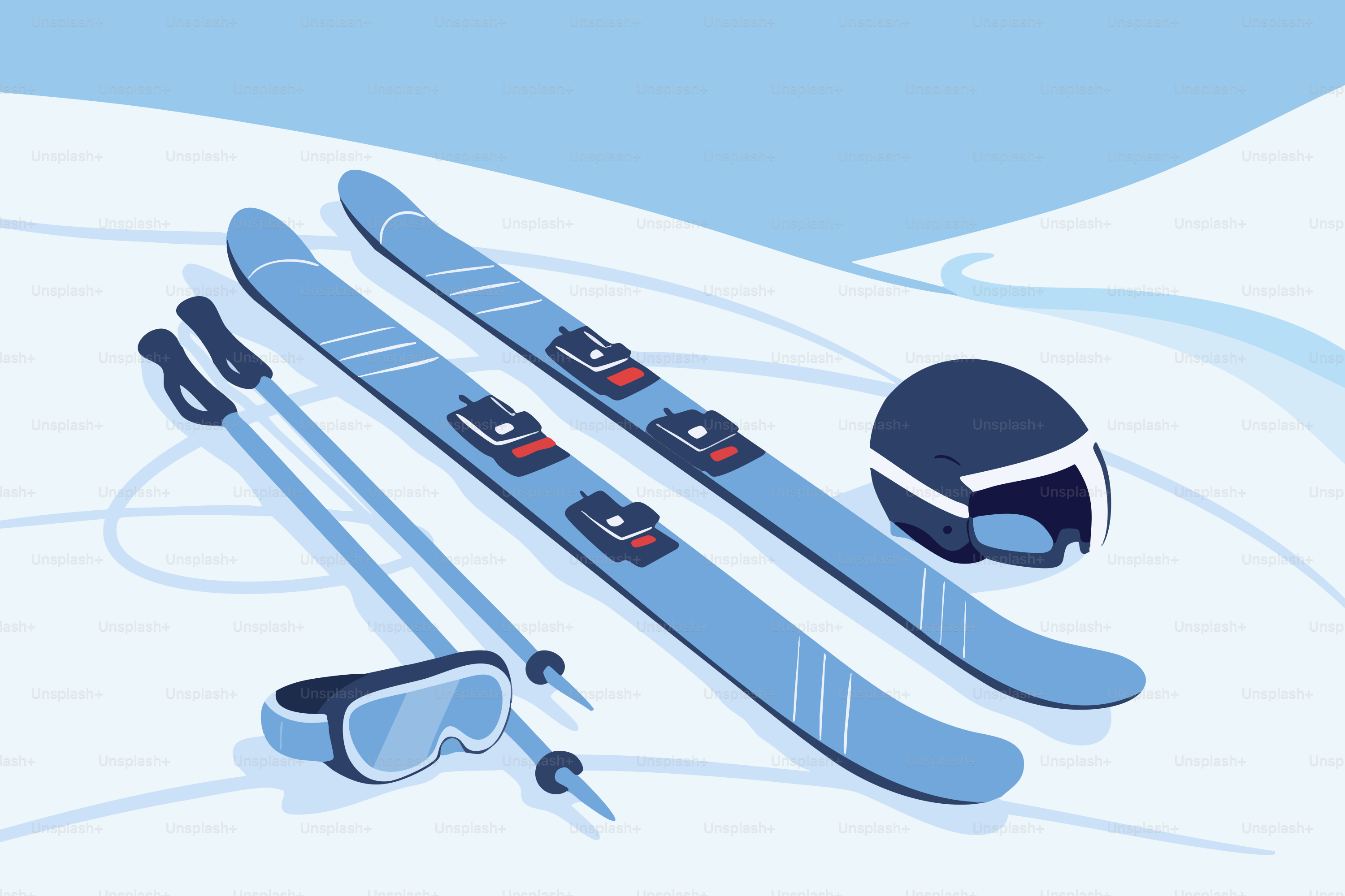 Skis, poles, goggles, and helmet on snow