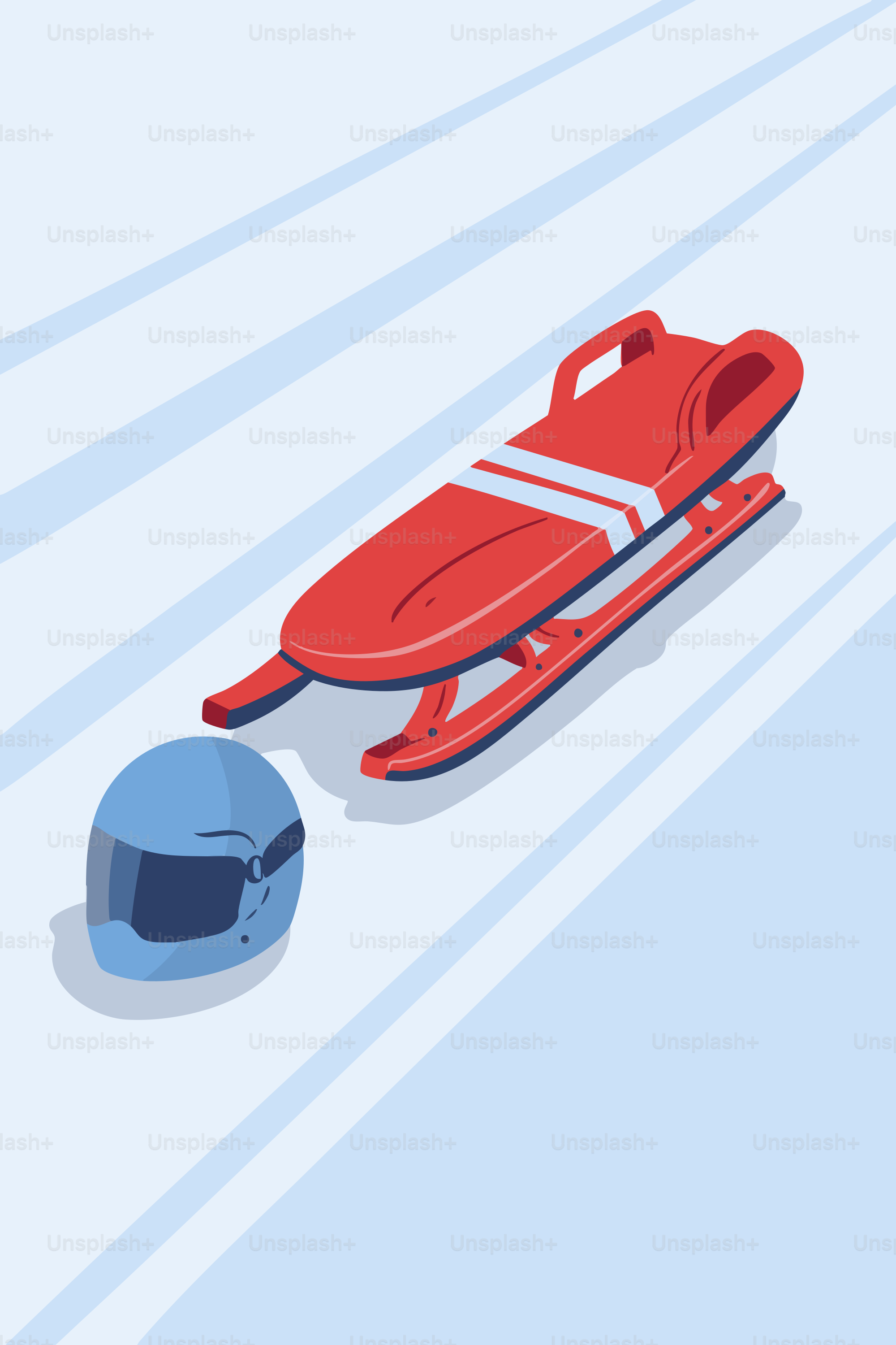 Red bobsled and blue helmet on icy track