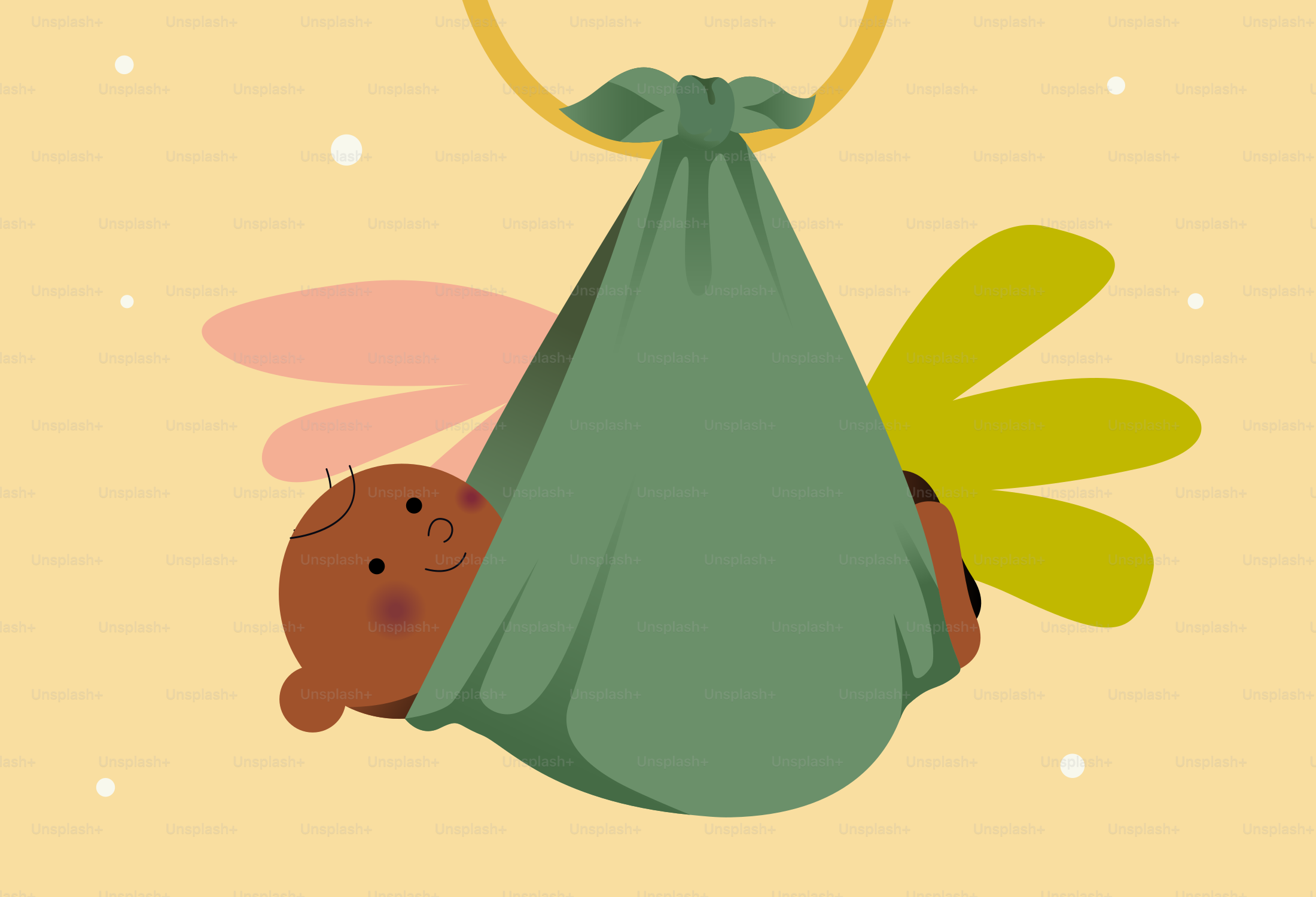 A baby wrapped in a green blanket is hanging.