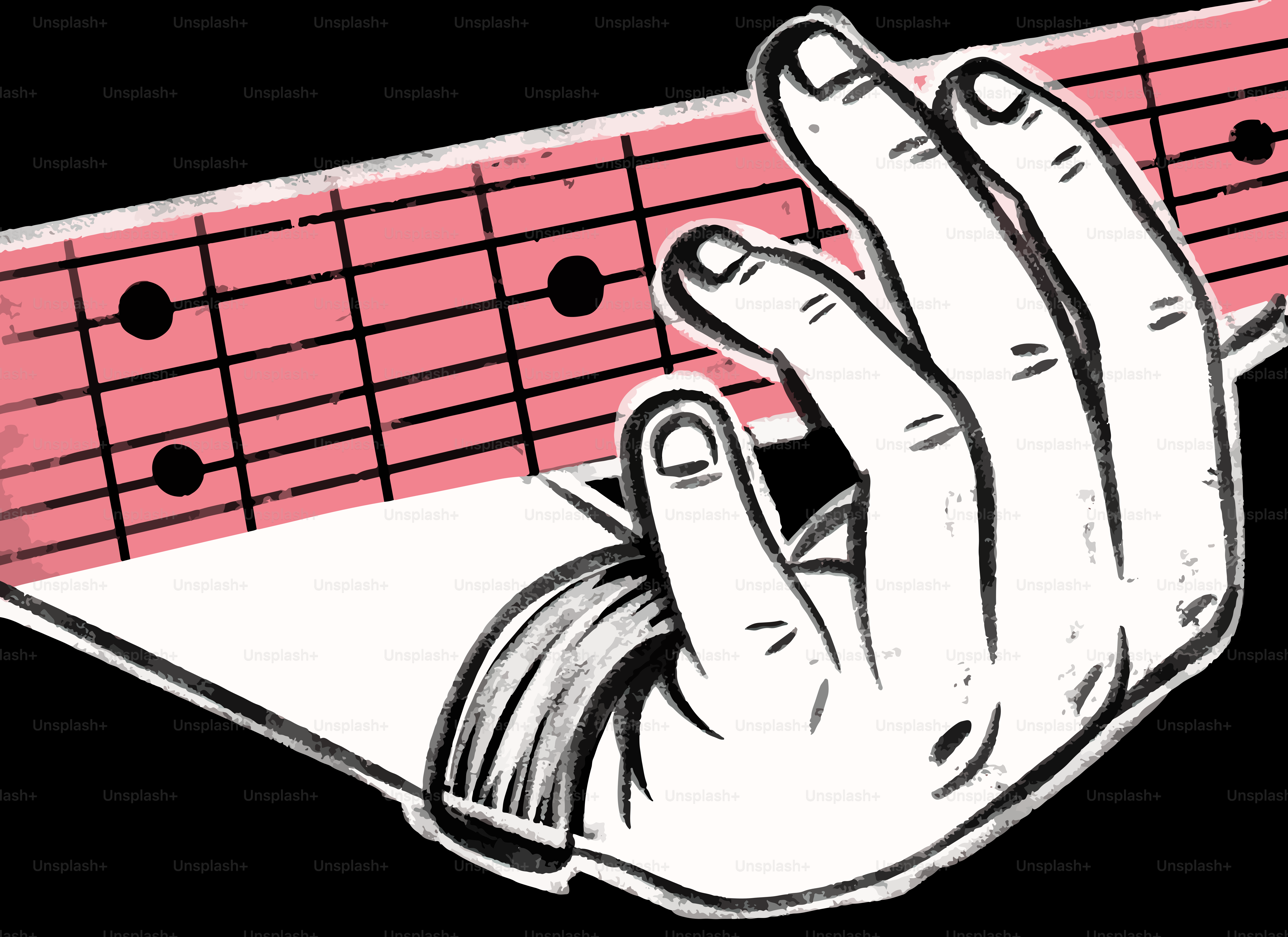 Handspiele Gitarrengriffbrett mit rosa Hintergrund.