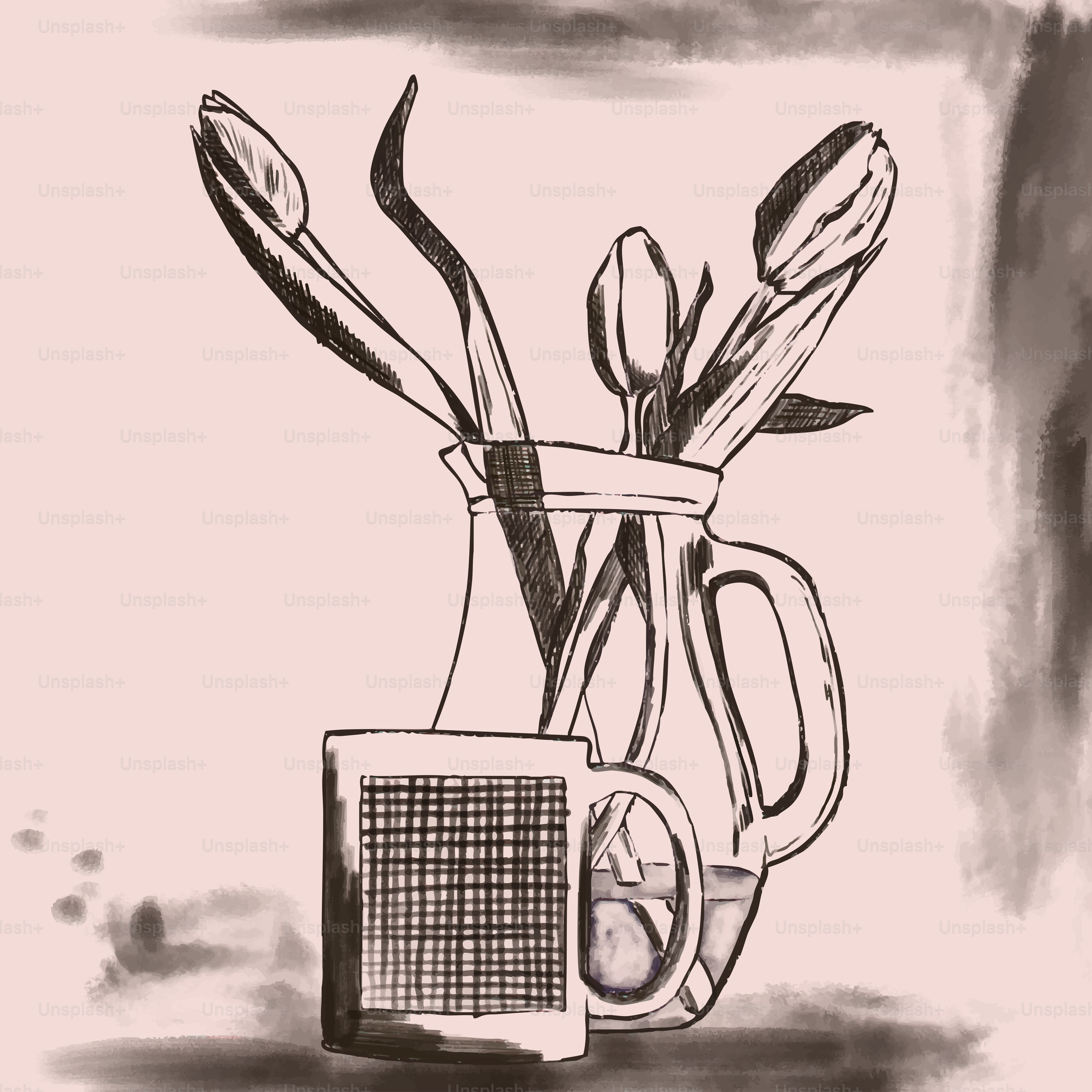 Croquis de tulipes dans un pichet avec une tasse.