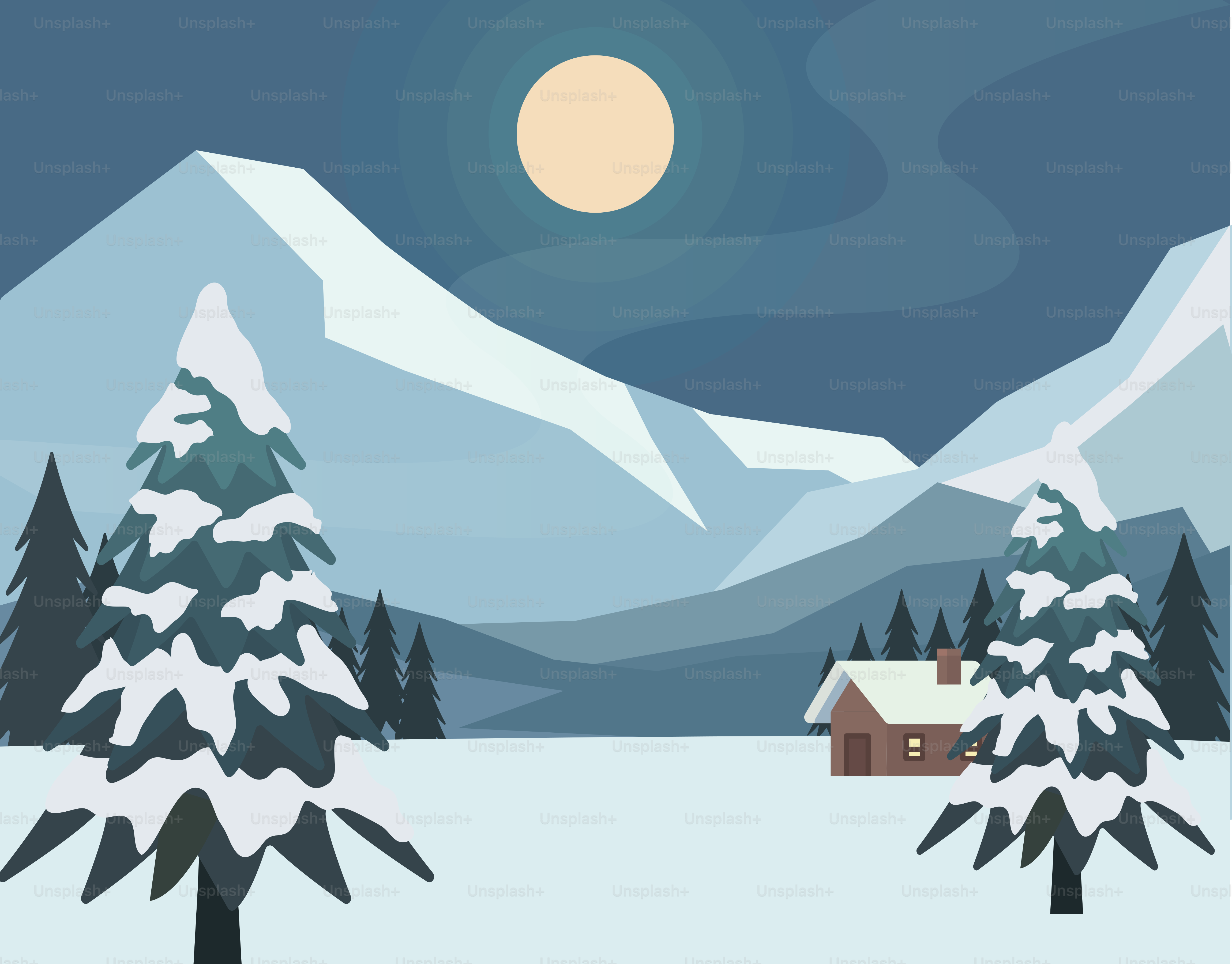 Snowy cabin nestled in mountains under a full moon.
