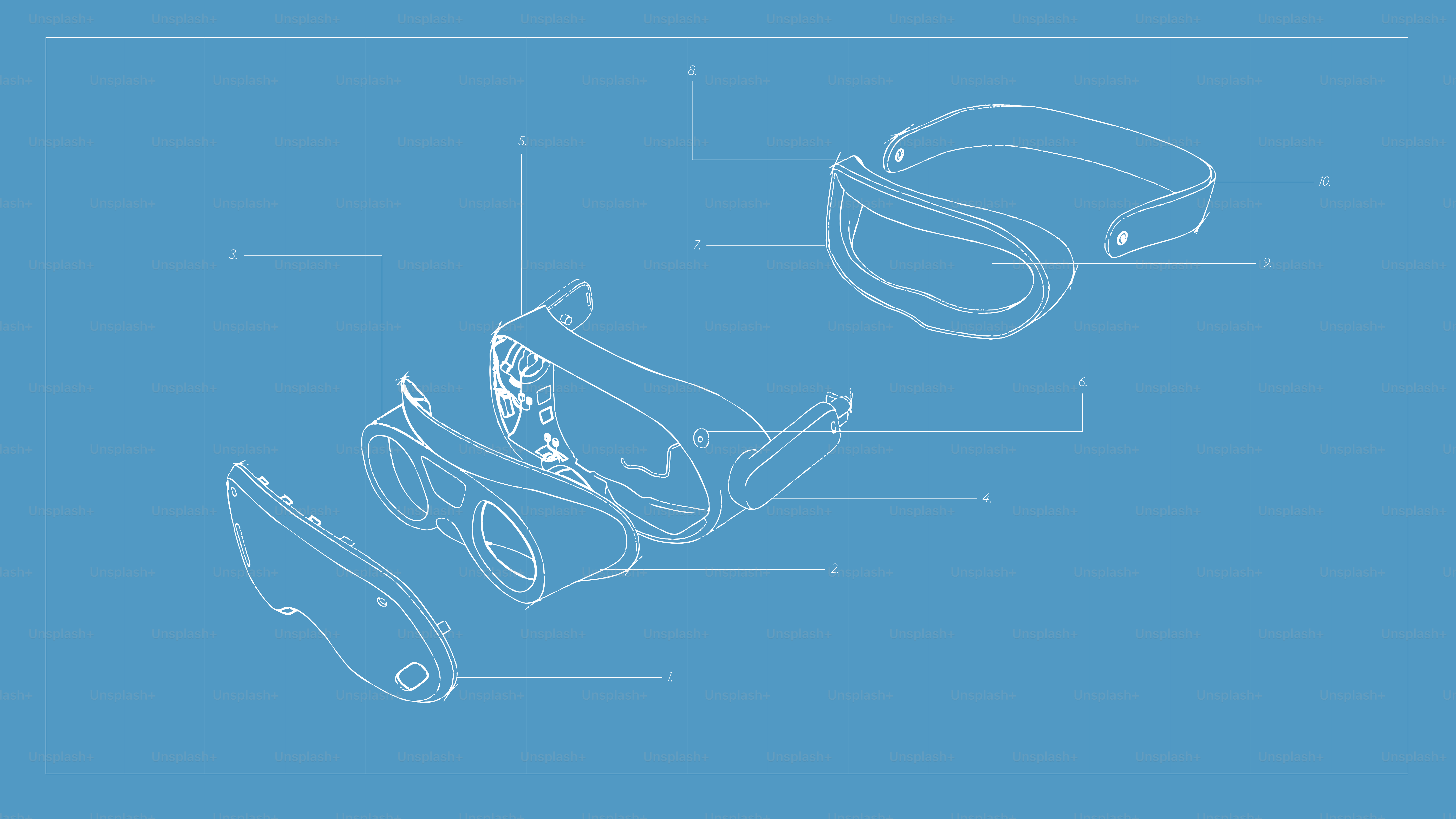 Exploded view blueprint of virtual reality headset
