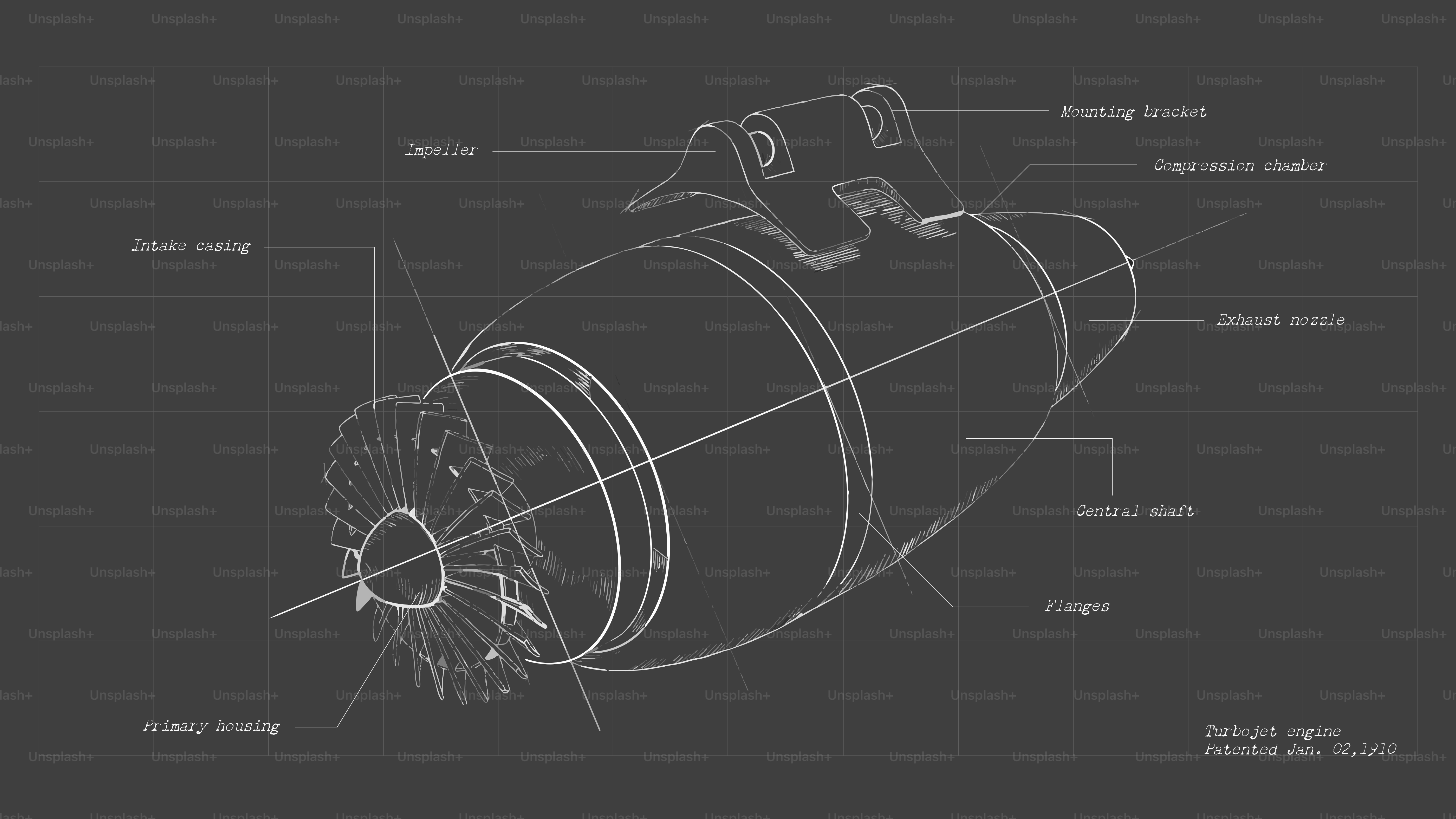 Blueprint of a jet engine with labels