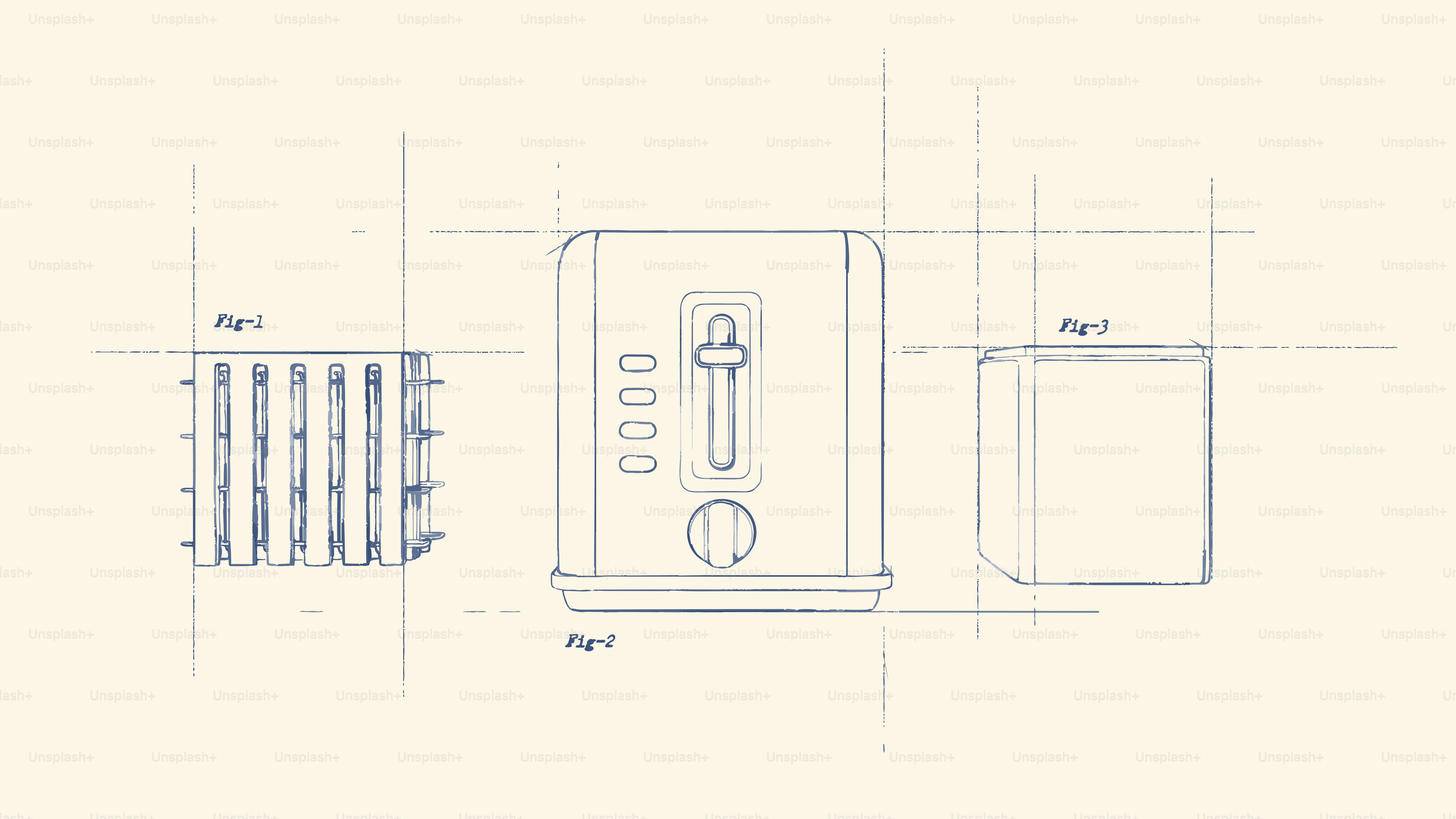 Blueprint sketches of a modern toaster design.