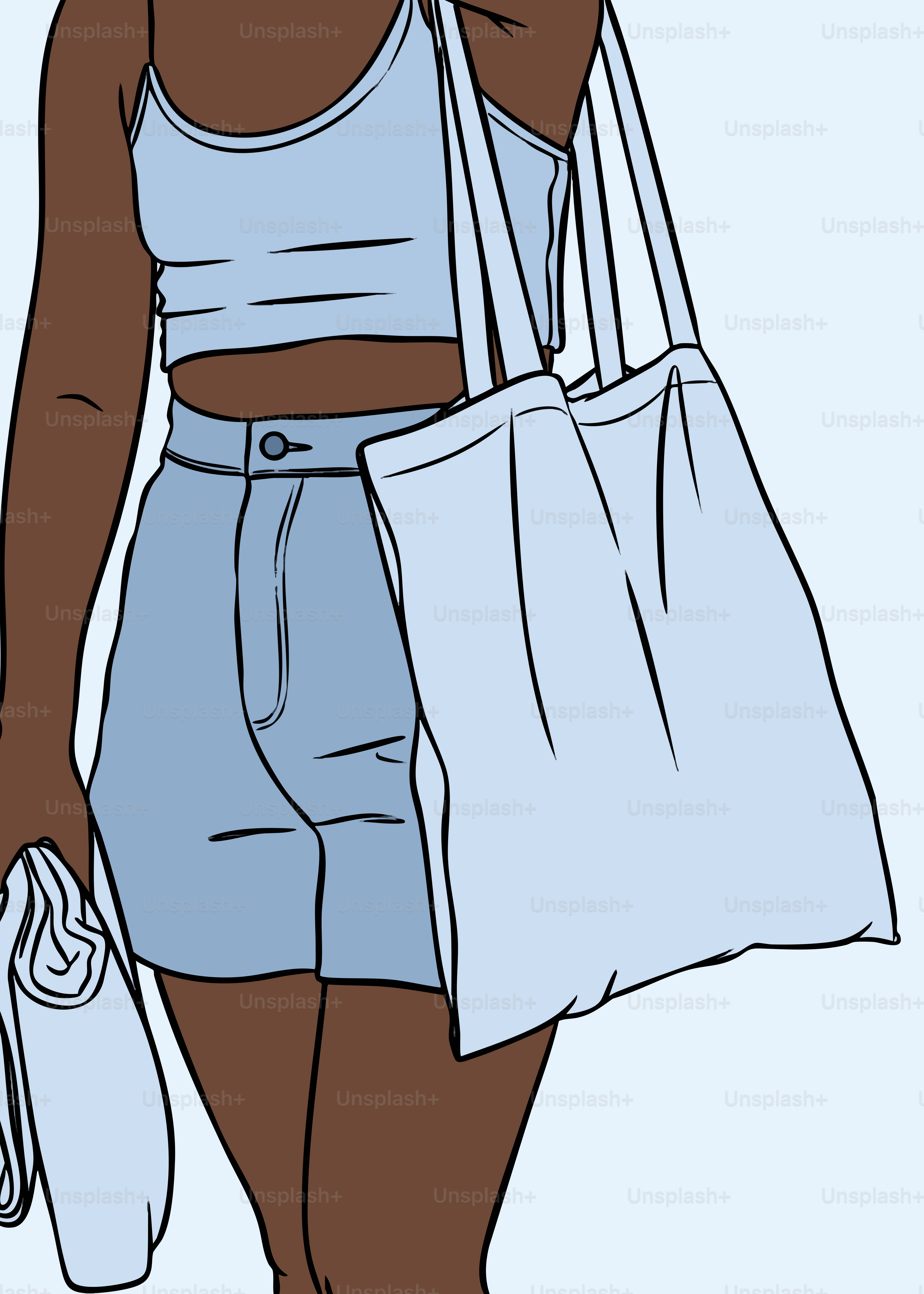 Femme en tenue bleu clair portant un sac fourre-tout