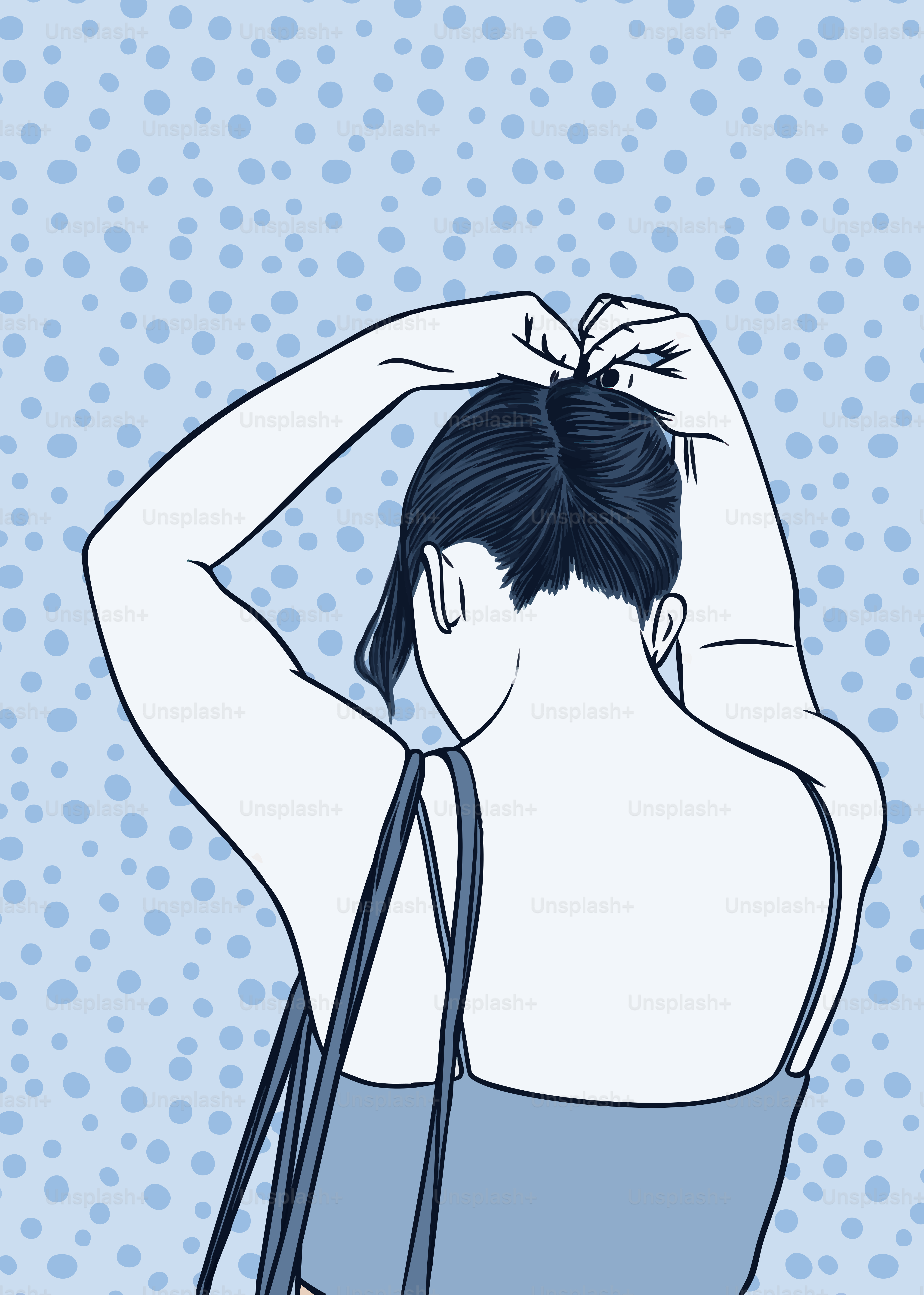 Woman tying her hair up against blue polka dot background