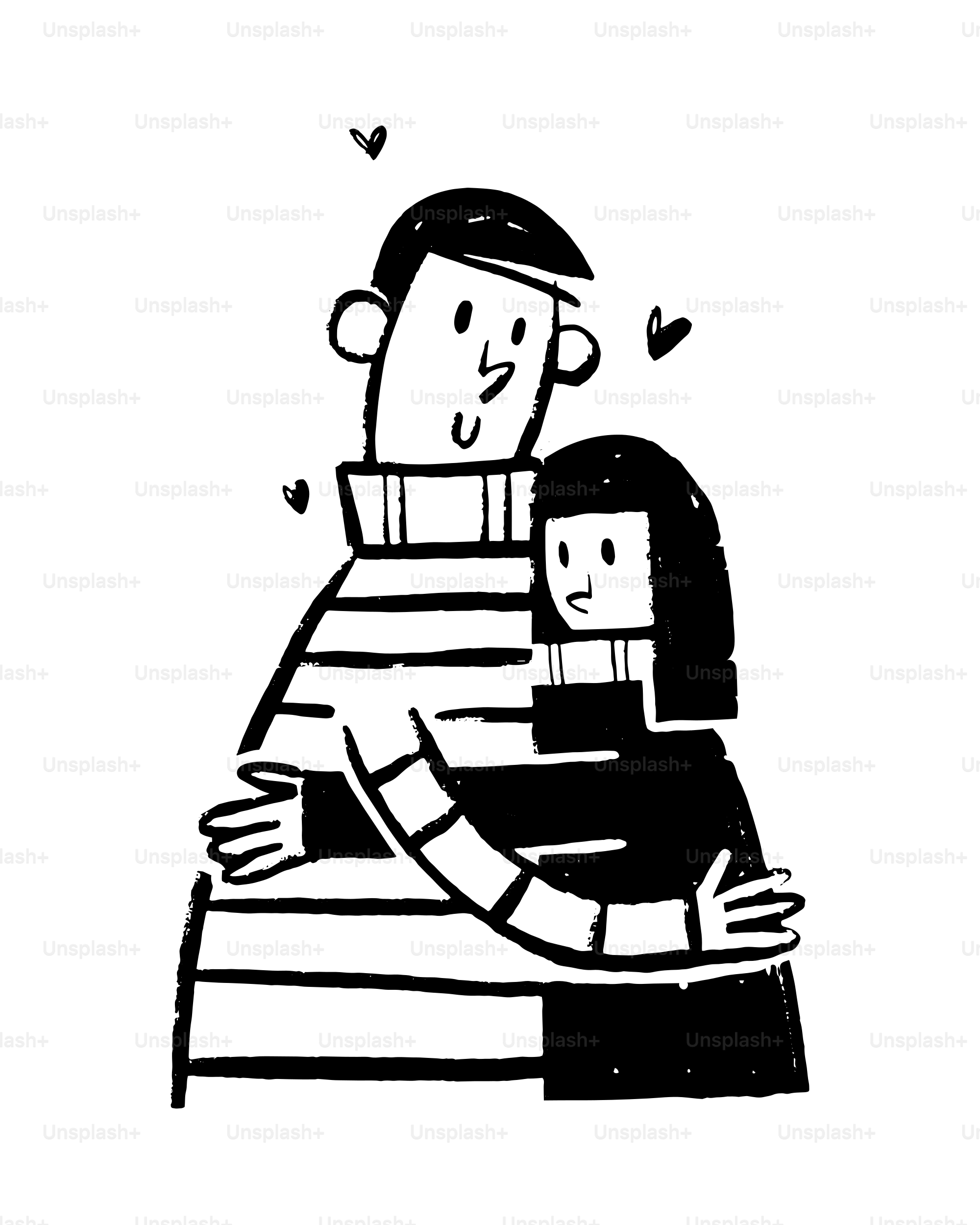 Couple embracing with hearts floating around them.