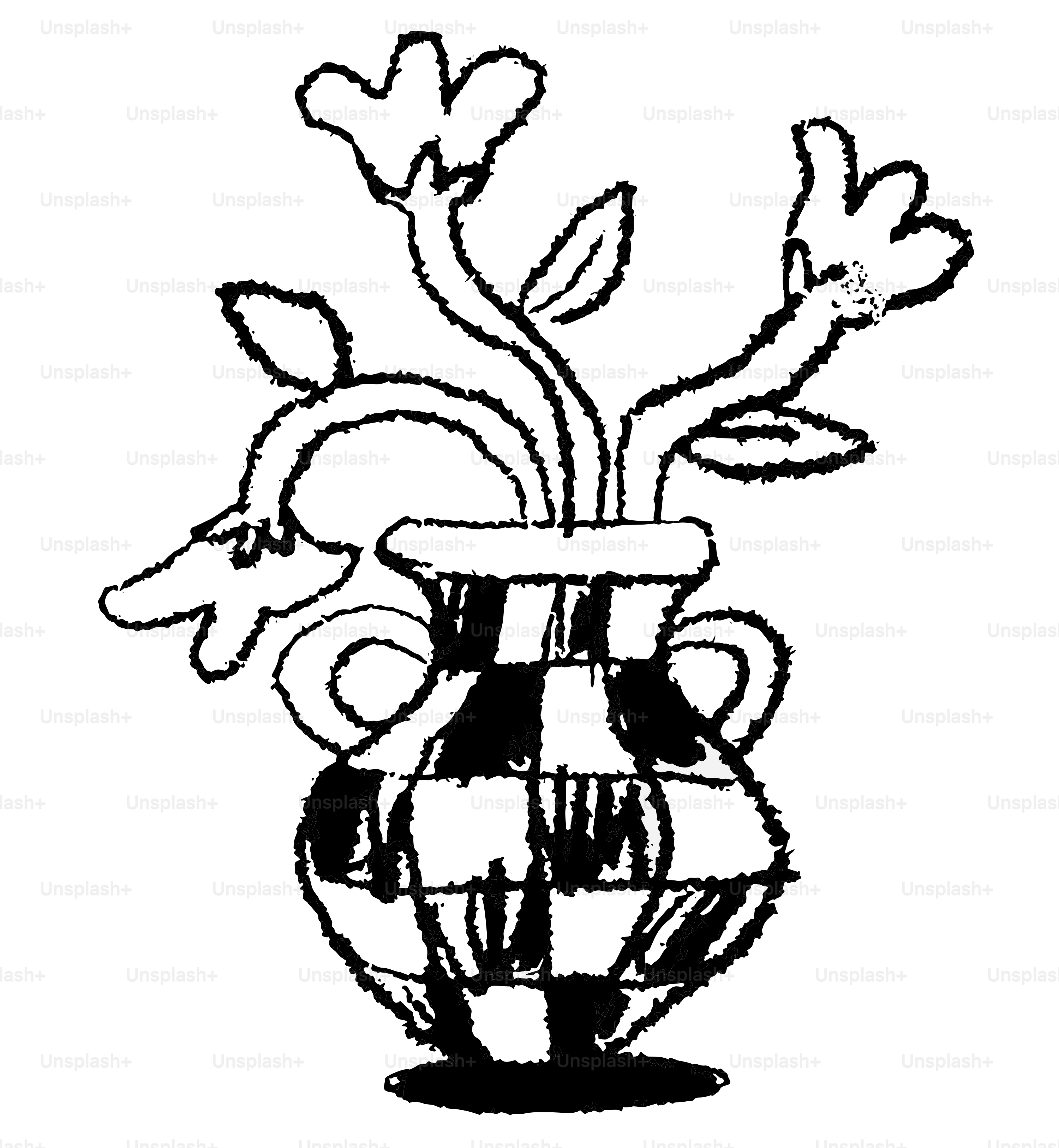 A drawing of flowers in a checkered vase.