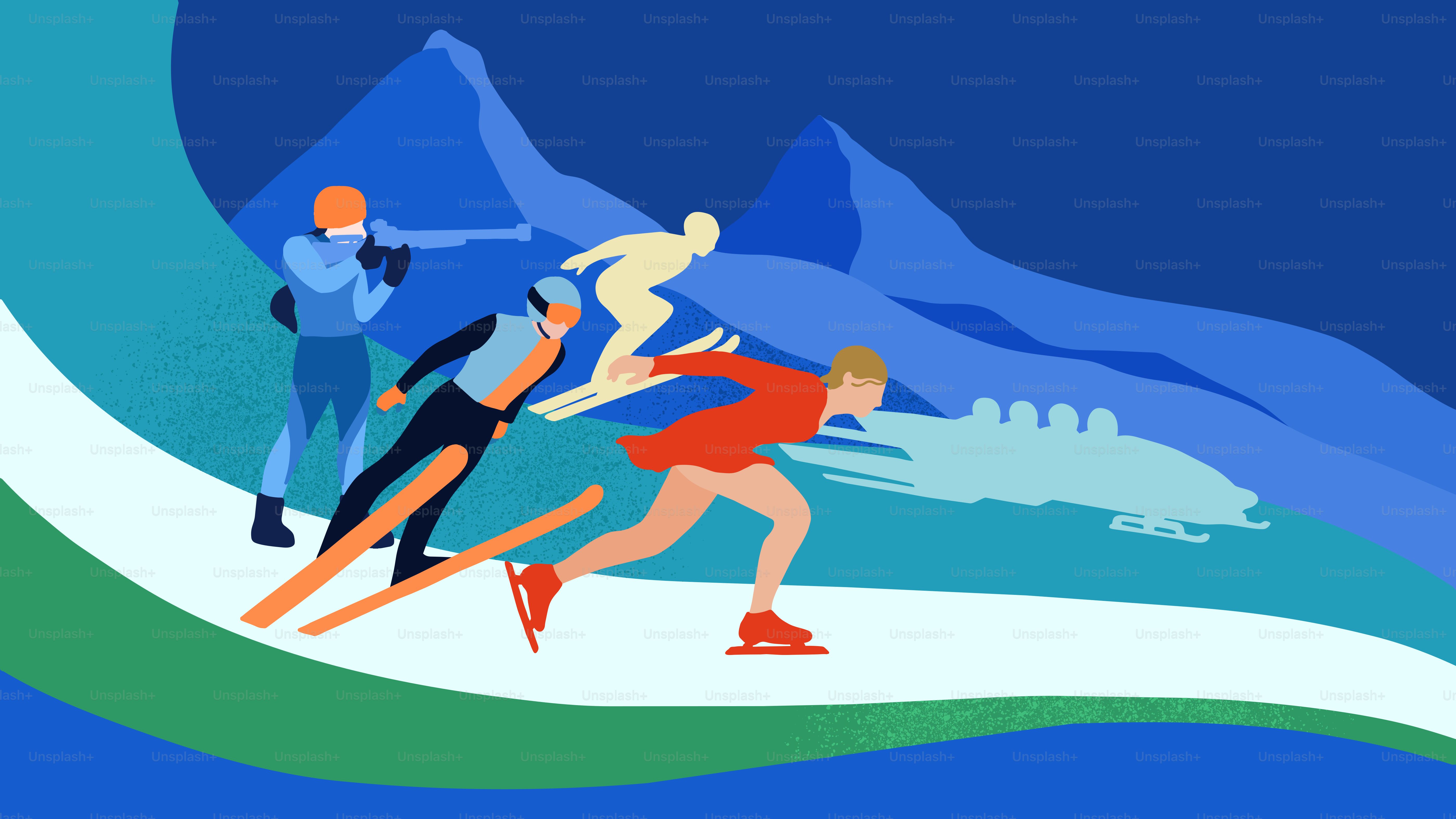 Winter athletes compete in various sports with mountains behind.