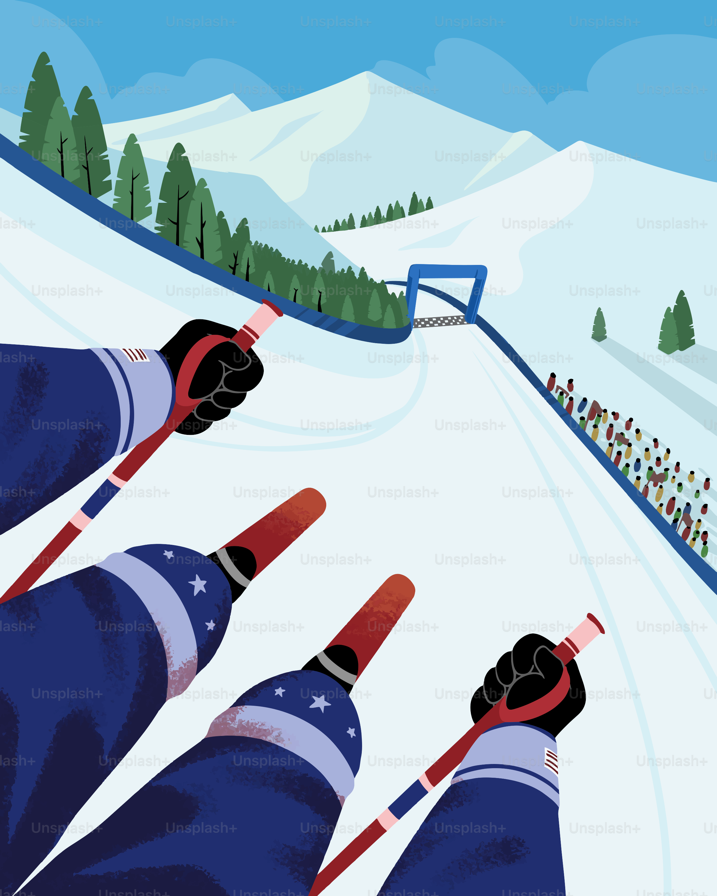 Skiers race down a snowy mountain track with spectators.