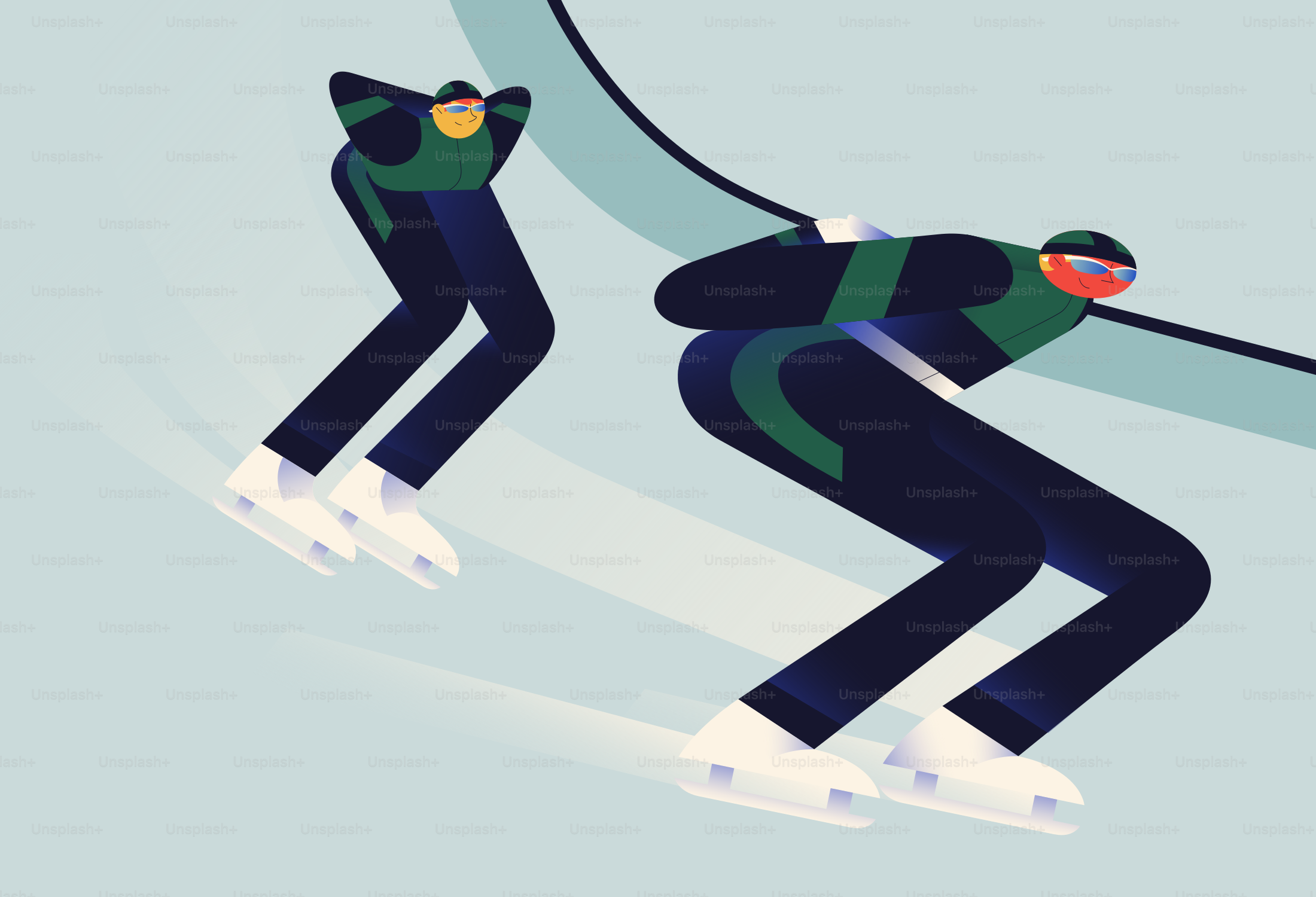 Two speed skaters racing on an ice track
