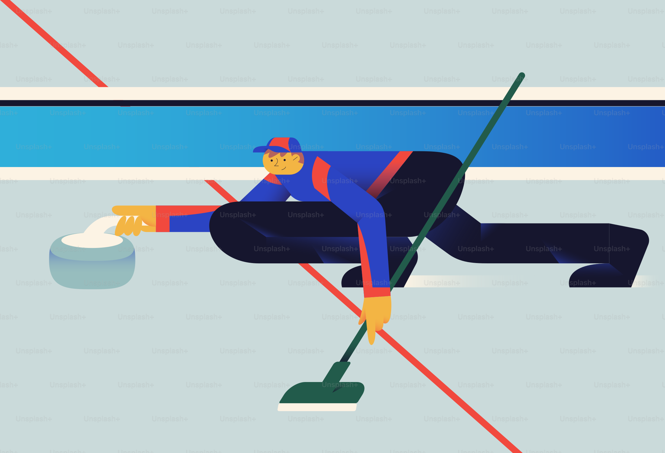 Curler slides stone down ice with broom