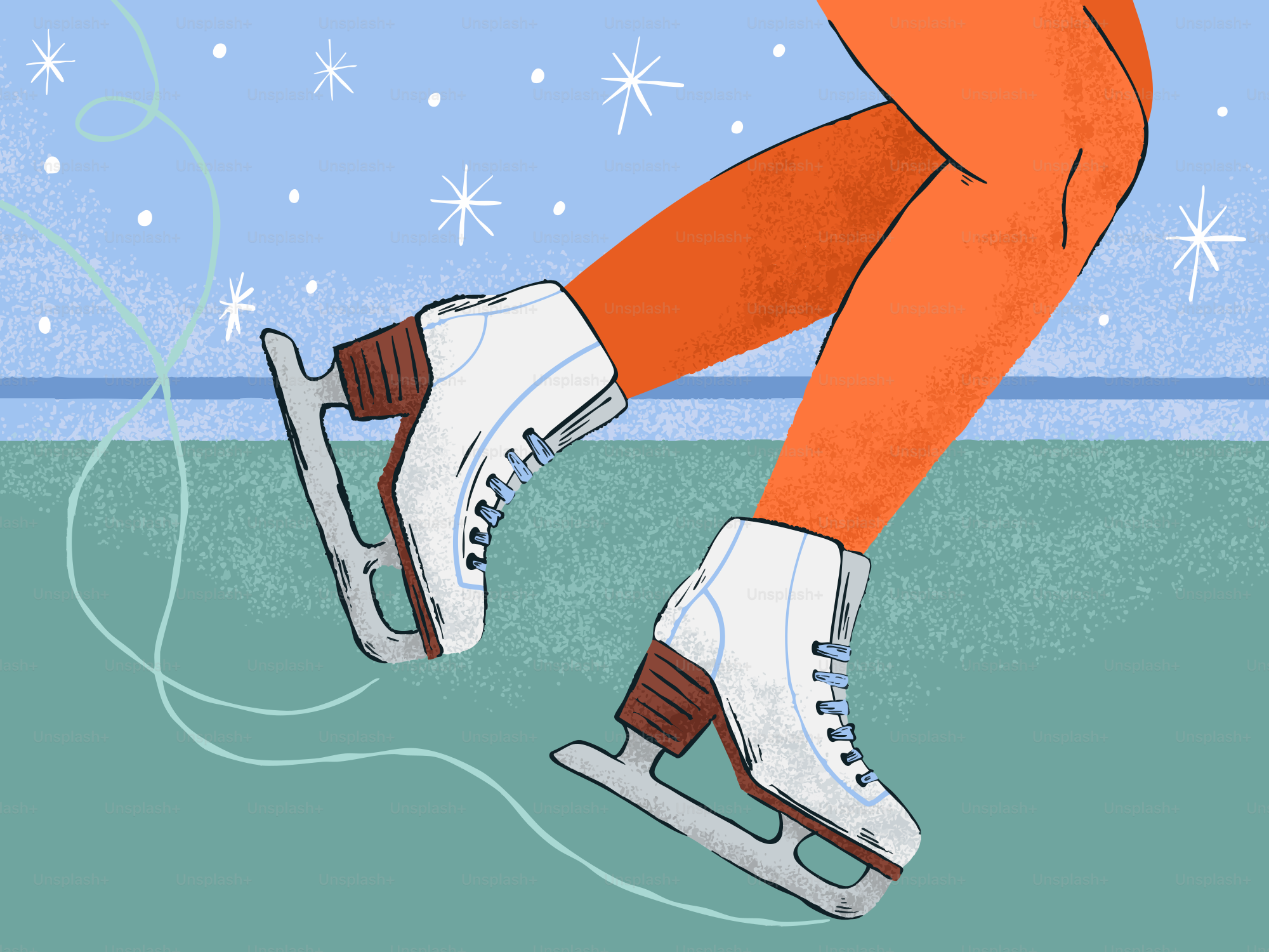 Close-up of a person ice skating in orange pants.